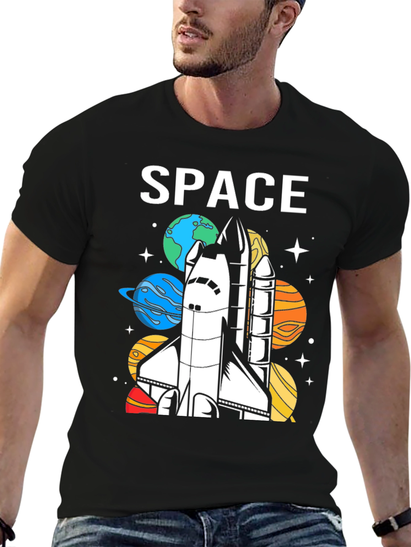 Space Shuttle Planets Graphic Print Black T-Shirt