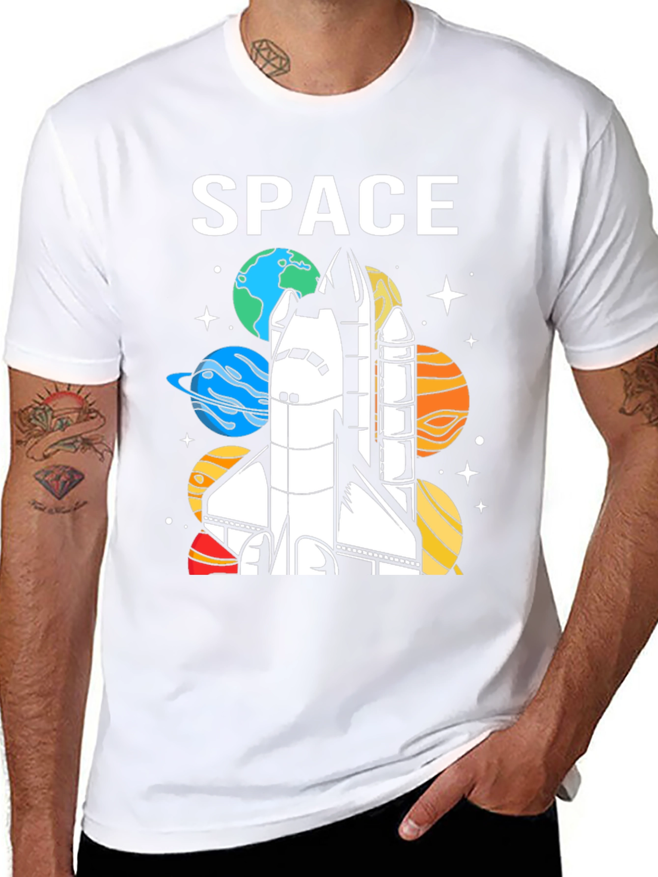 Space Shuttle Planets Graphic Print Black T-Shirt