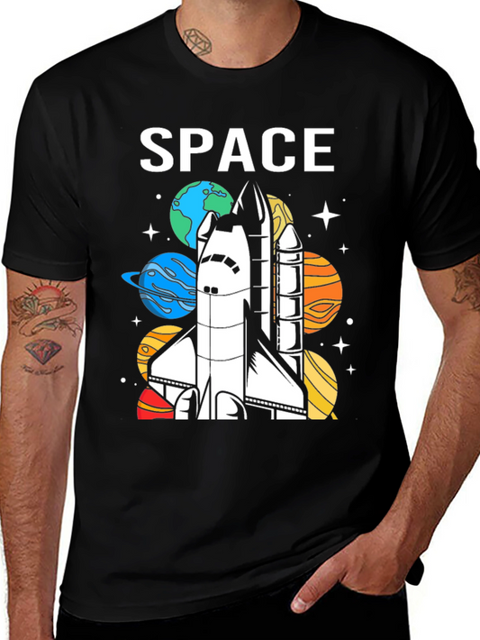 Space Shuttle Planets Graphic Print Black T-Shirt