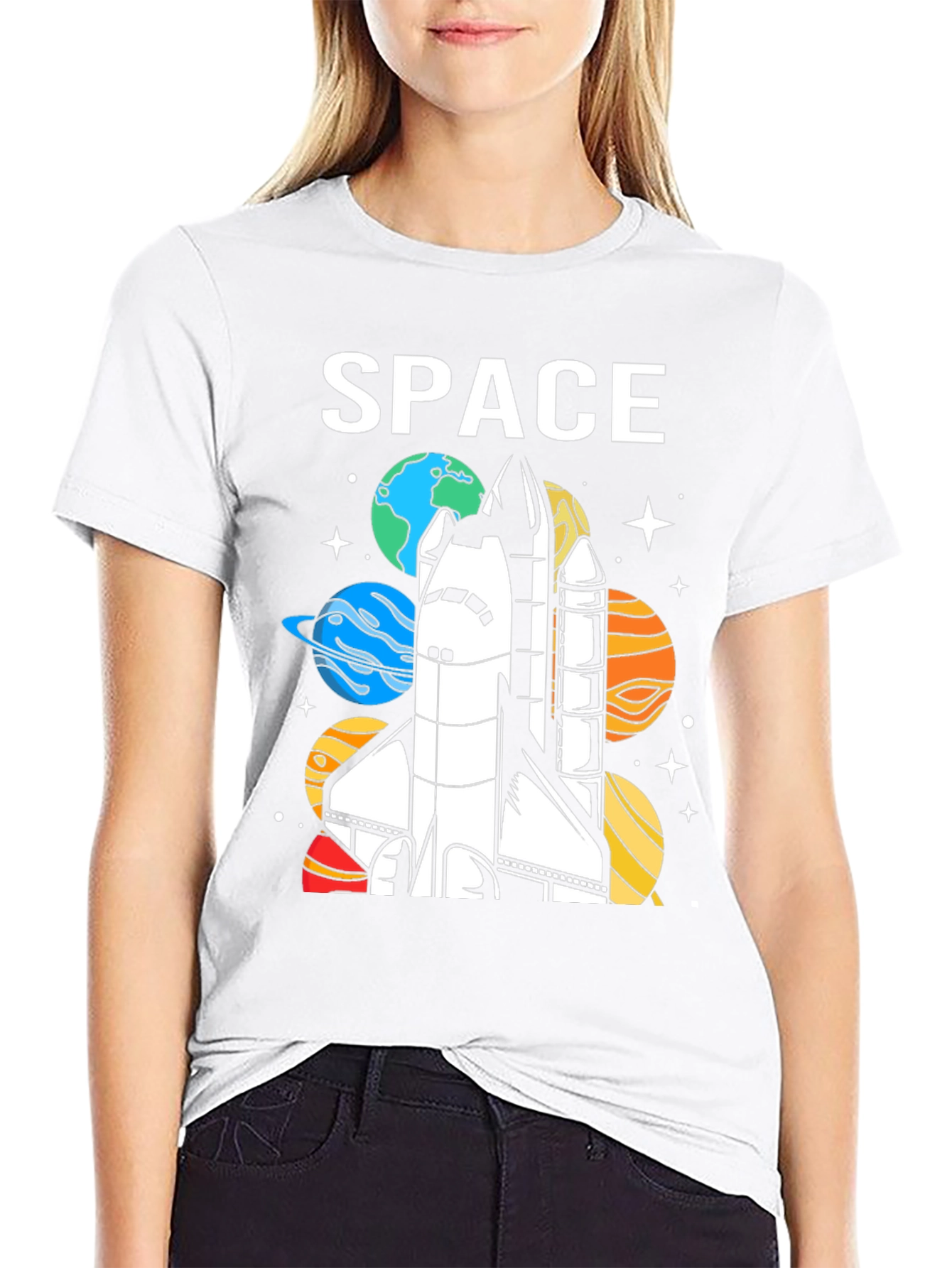 Space Shuttle Planets Graphic Print Black T-Shirt