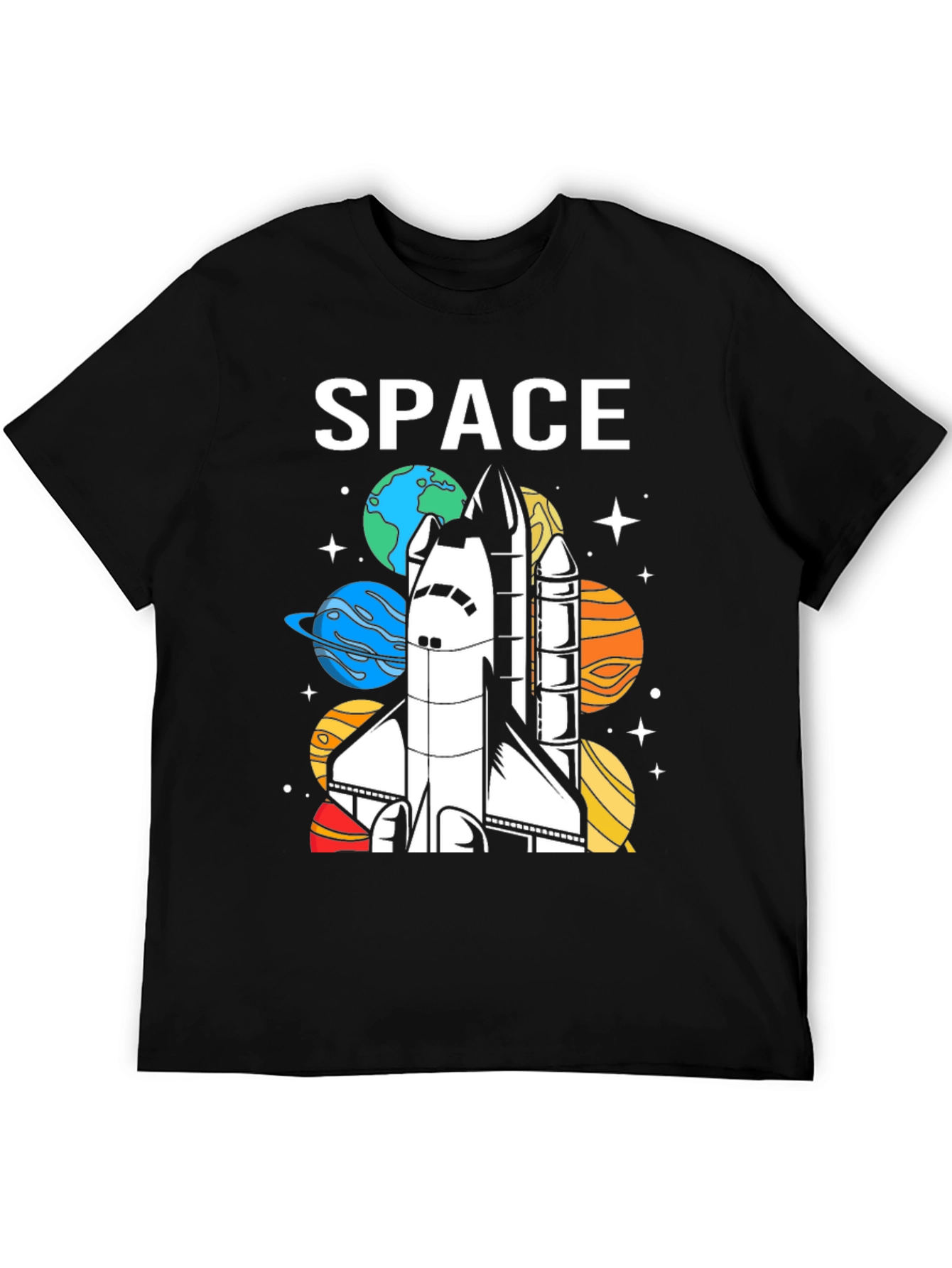 Space Shuttle Planets Graphic Print Black T-Shirt