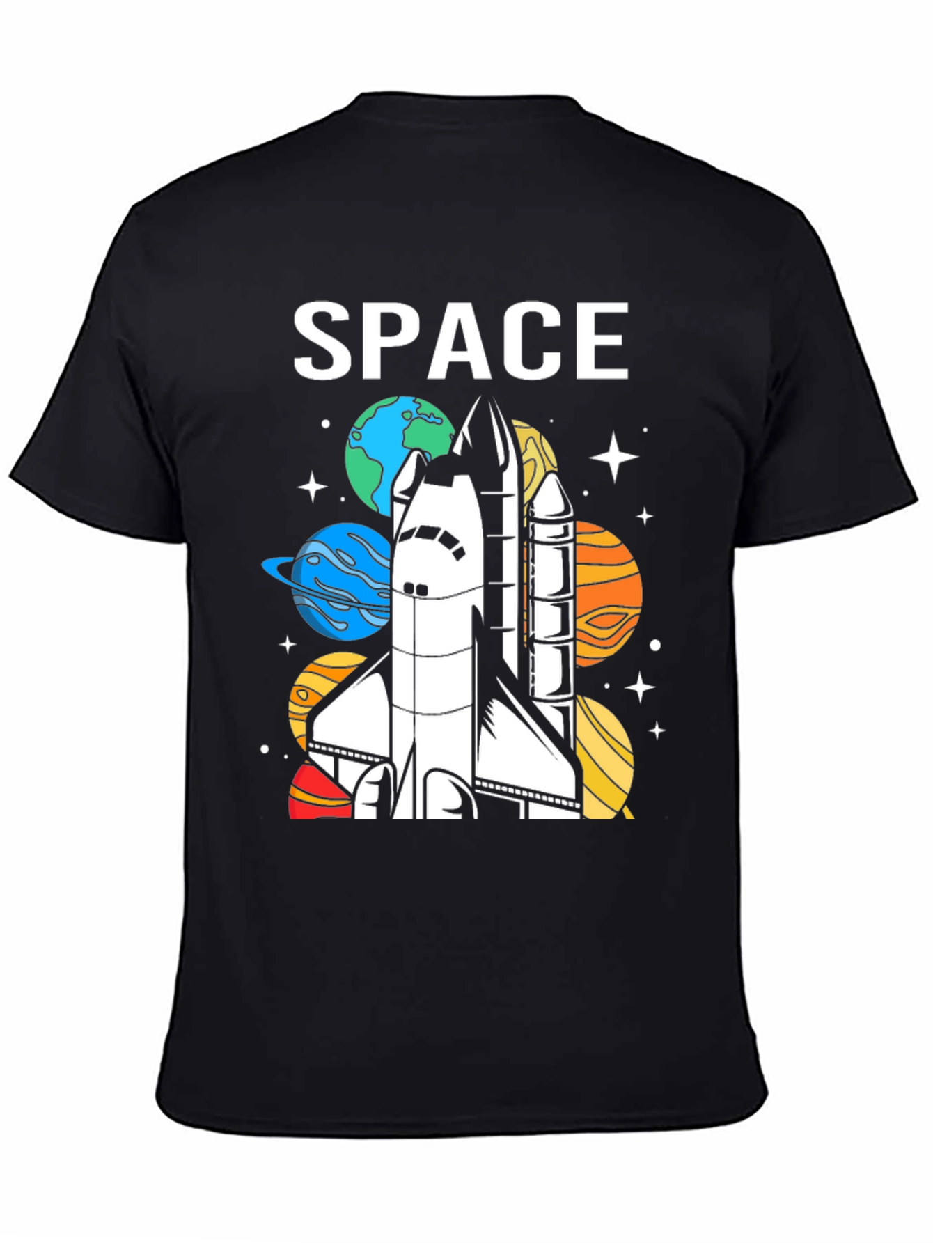 Space Shuttle Planets Graphic Print Black T-Shirt