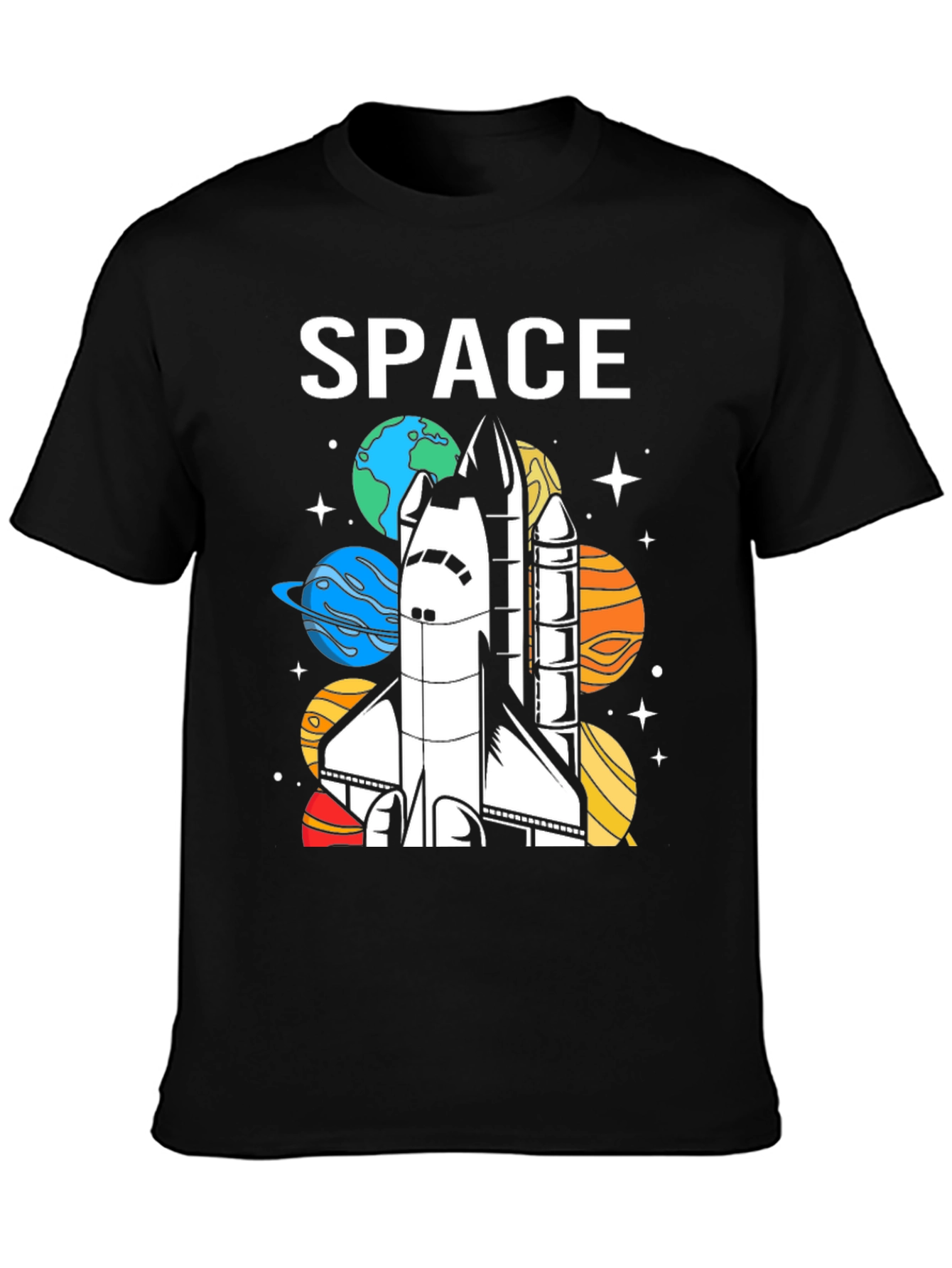 Space Shuttle Planets Graphic Print Black T-Shirt