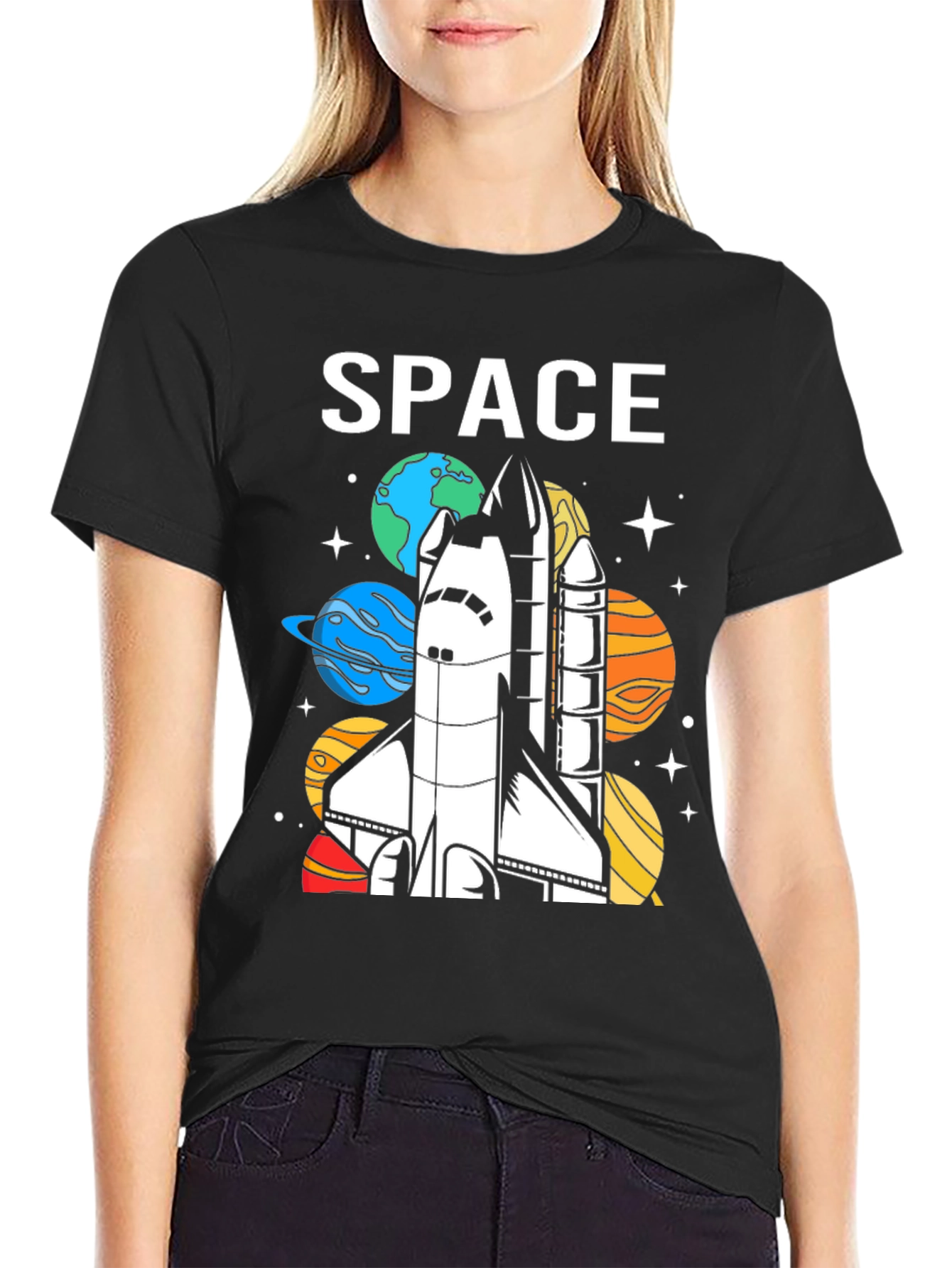 Space Shuttle Planets Graphic Print Black T-Shirt