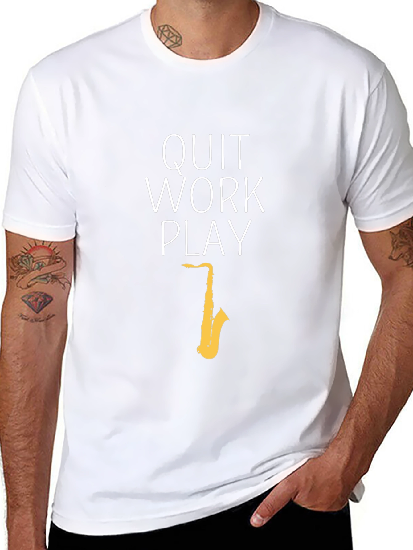 Quit Work Play Black T-Shirt - Saxophone Design