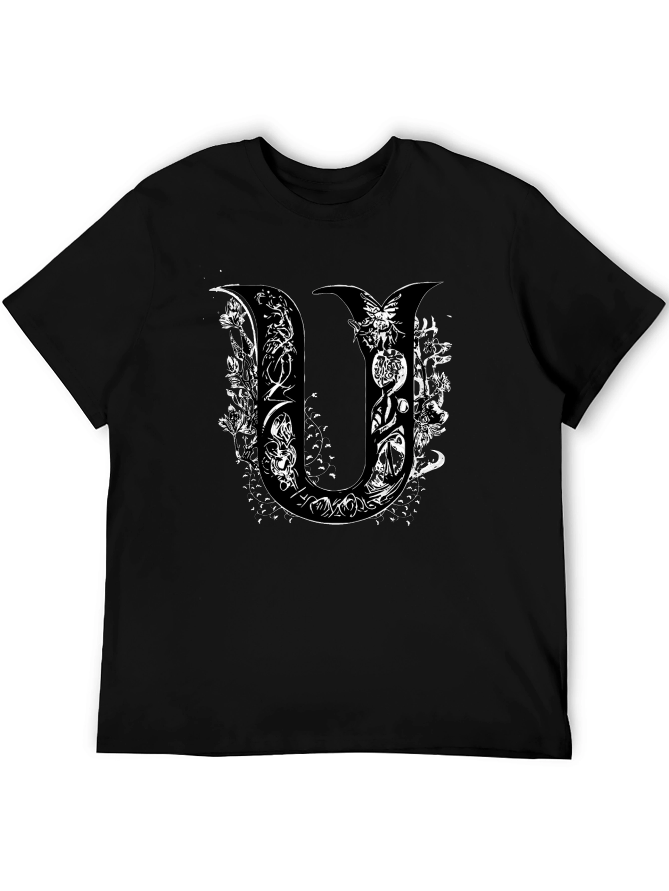 Unique U Letter Graphic Print Black T-Shirt