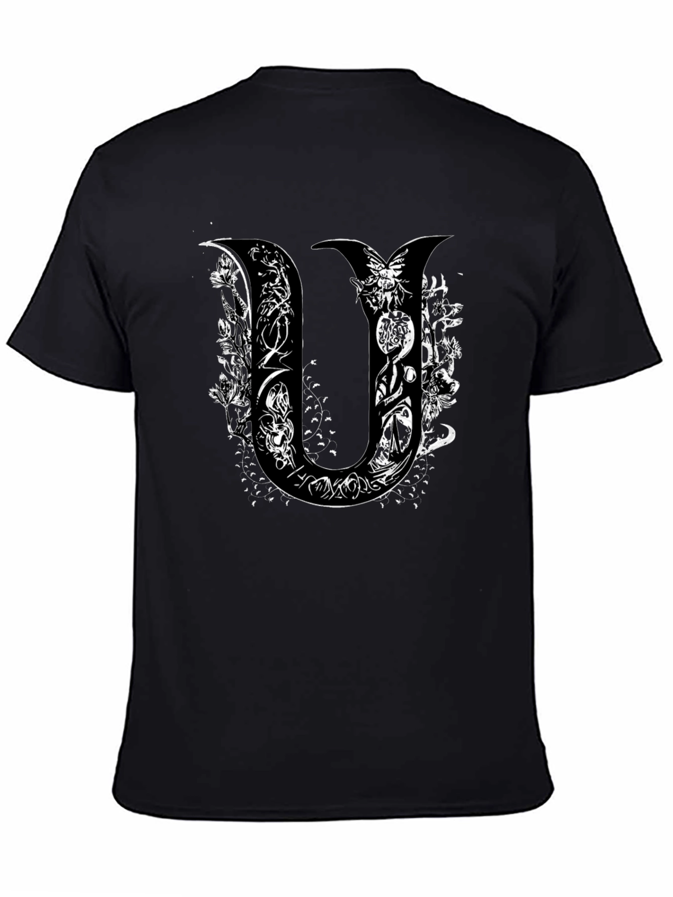Unique U Letter Graphic Print Black T-Shirt