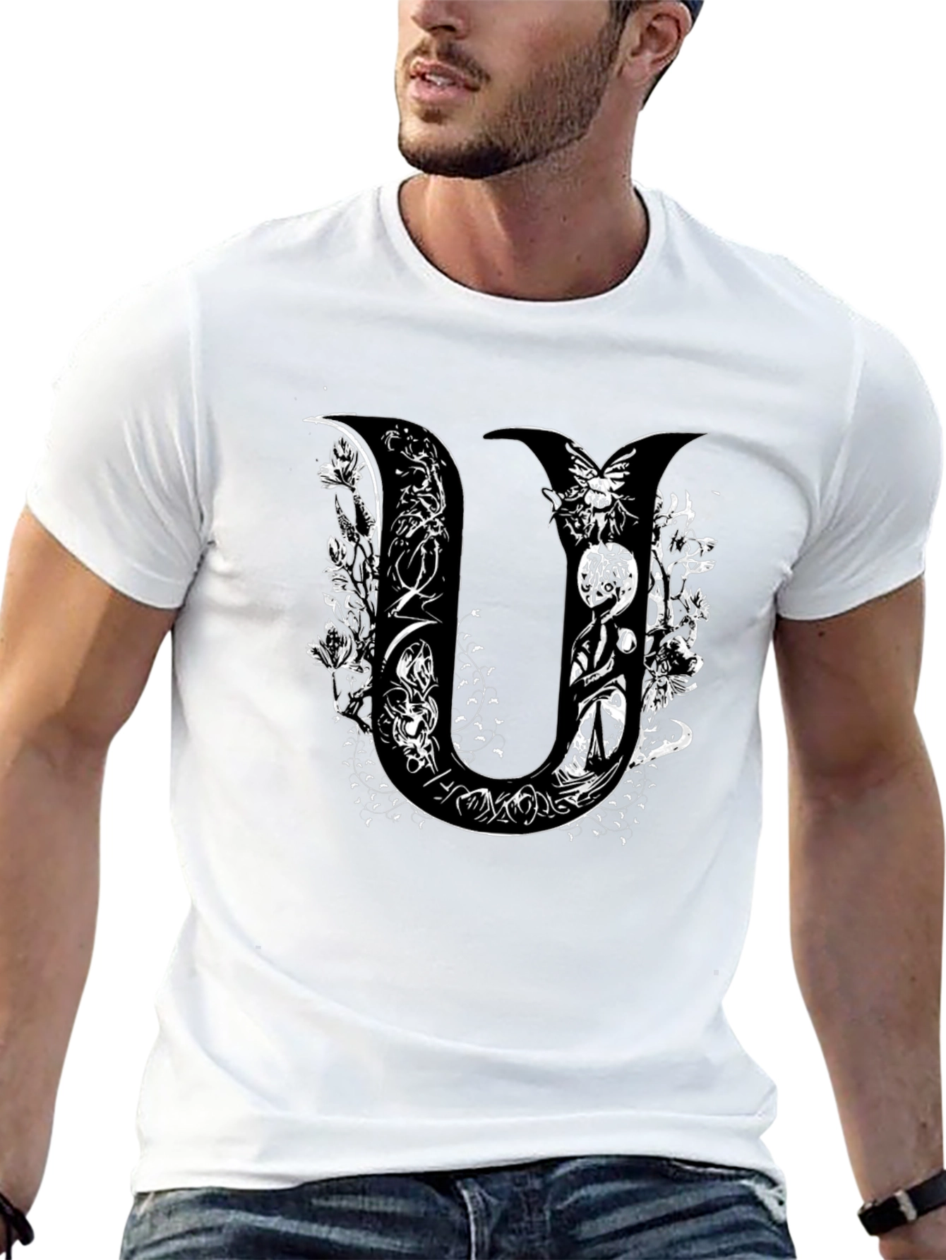 Unique U Letter Graphic Print Black T-Shirt