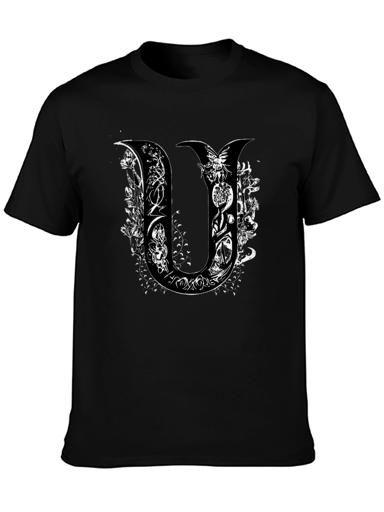 Unique U Letter Graphic Print Black T-Shirt