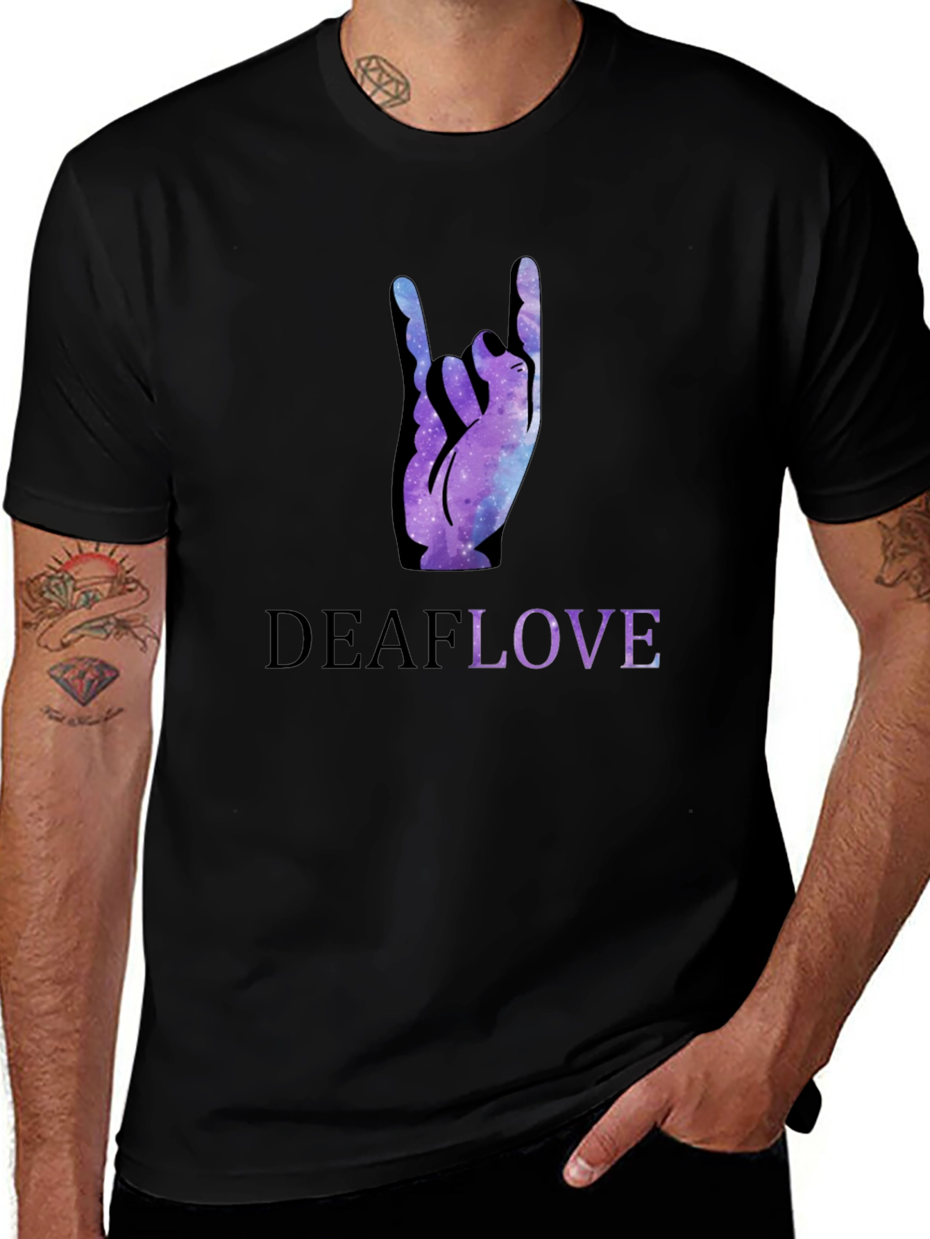Deaf Love Galaxy Hand Sign Black T-Shirt