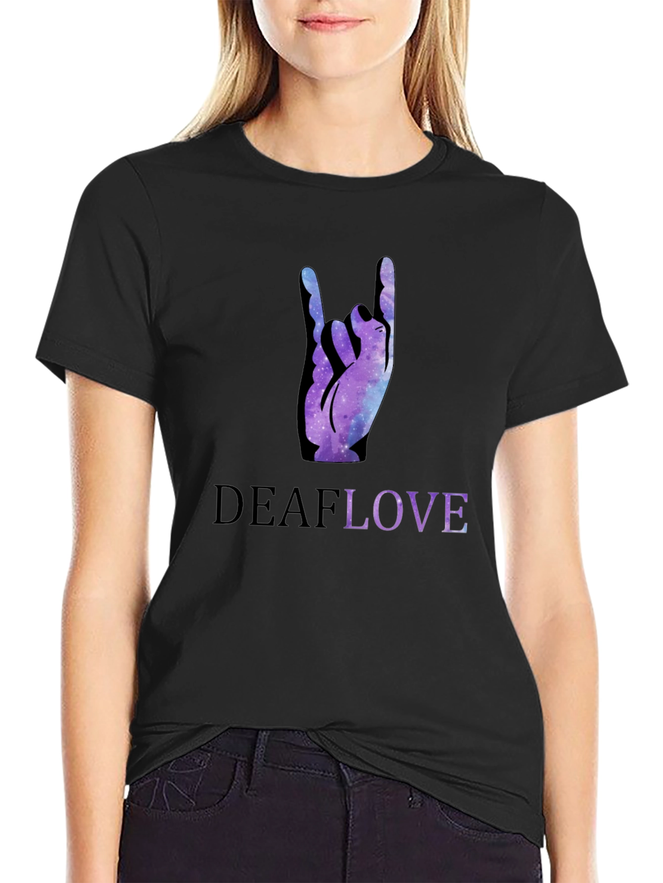 Deaf Love Galaxy Hand Sign Black T-Shirt
