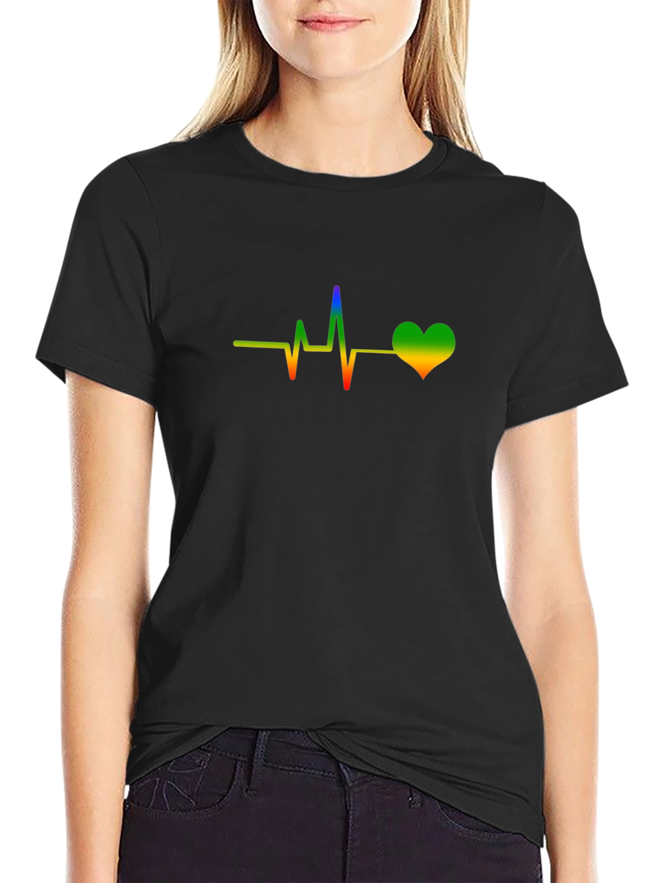 Rainbow Heartbeat Graphic Black Tee