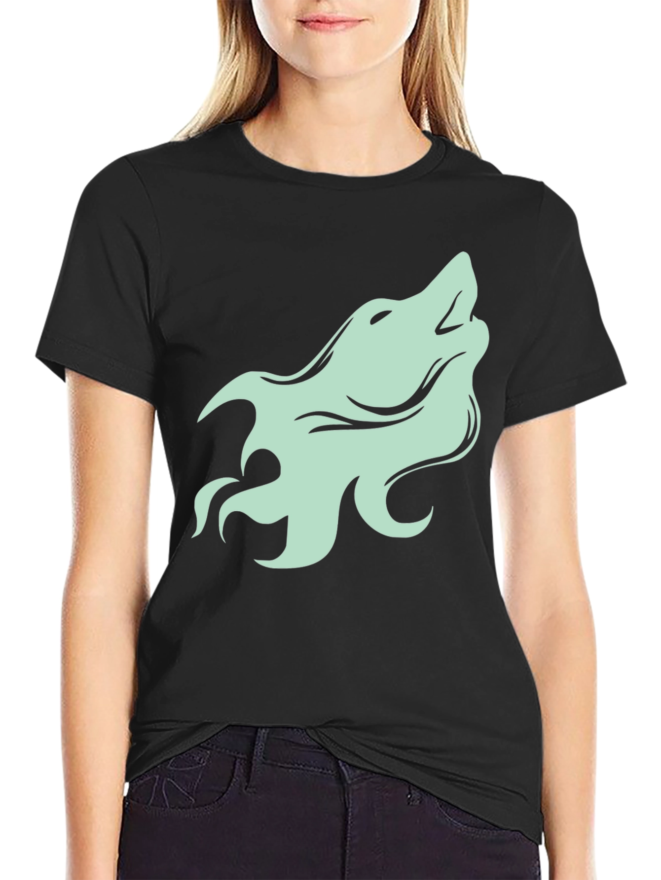 Mens Black T-Shirt with Howling Wolf Graphic