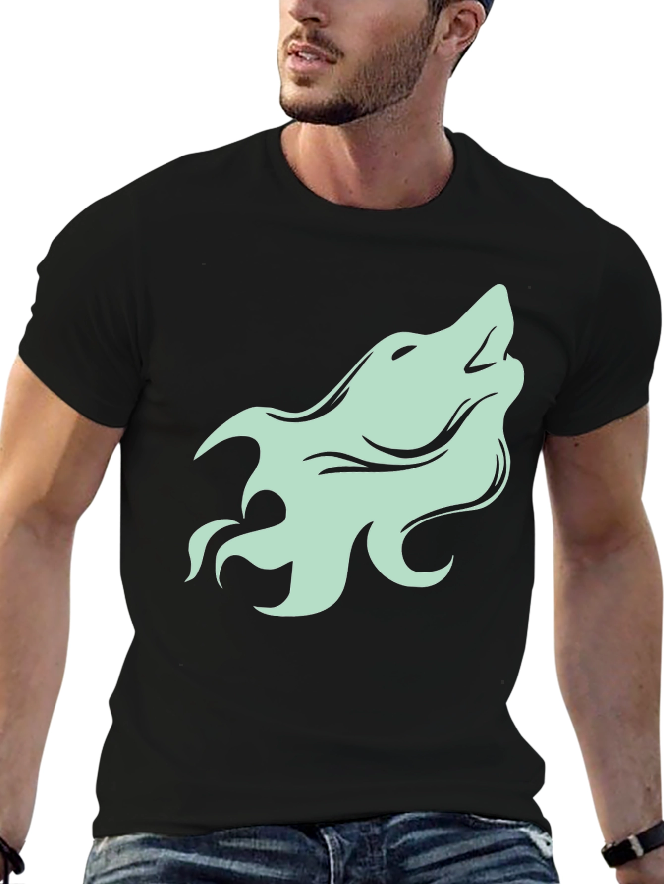 Mens Black T-Shirt with Howling Wolf Graphic