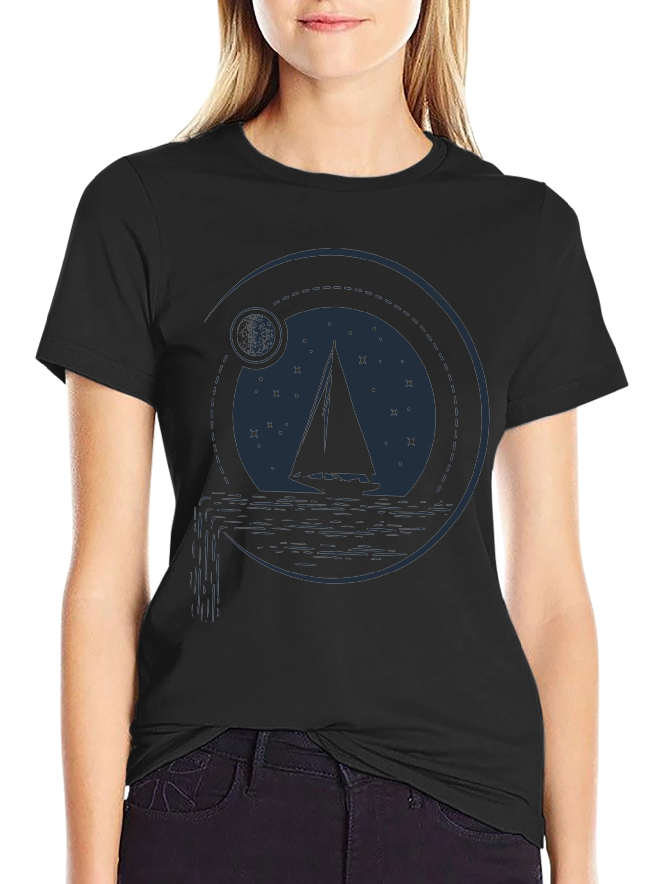 Sailboat Moon Graphic T-Shirt - Black