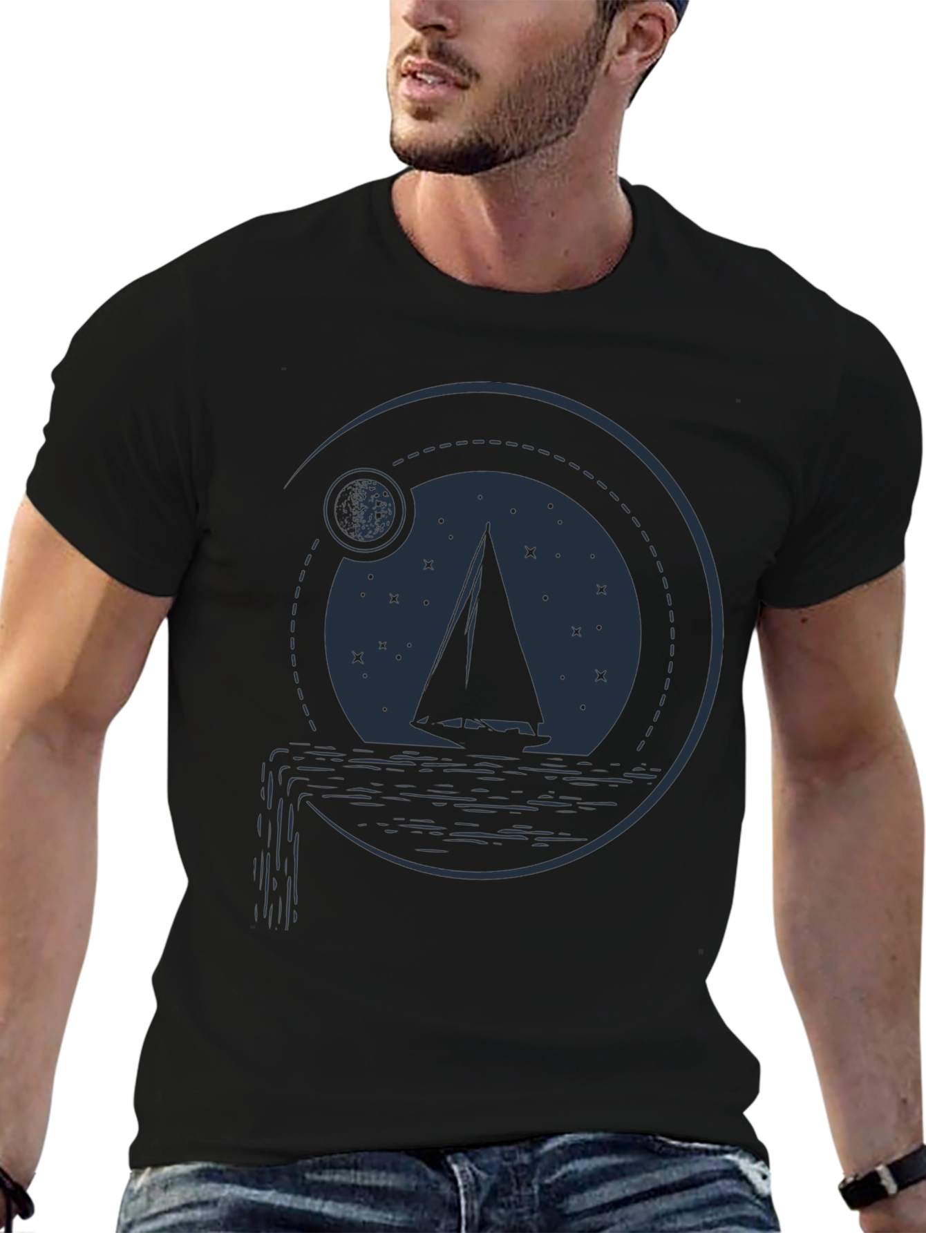 Sailboat Moon Graphic T-Shirt - Black