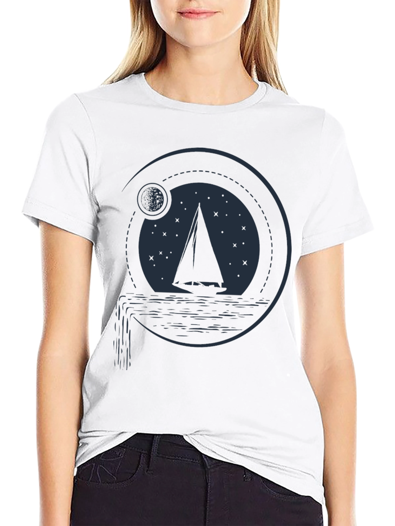 Sailboat Moon Graphic T-Shirt - Black