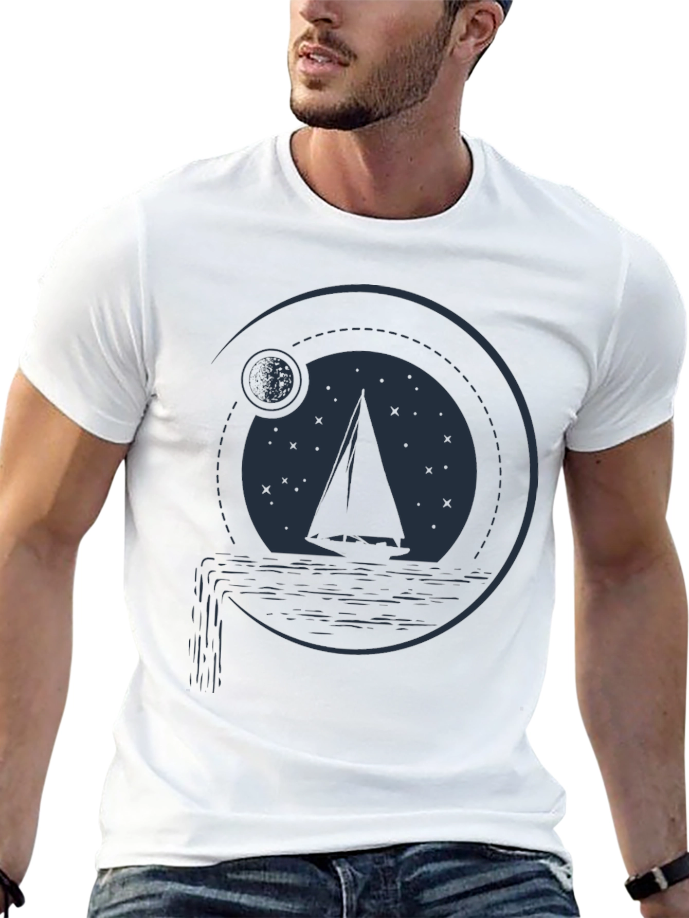 Sailboat Moon Graphic T-Shirt - Black