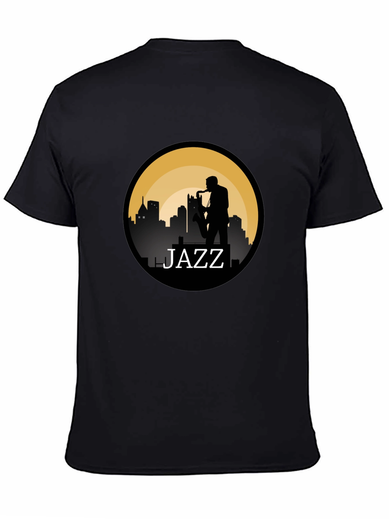 Jazz Silhouette T-Shirt - Cityscape Saxophone Design