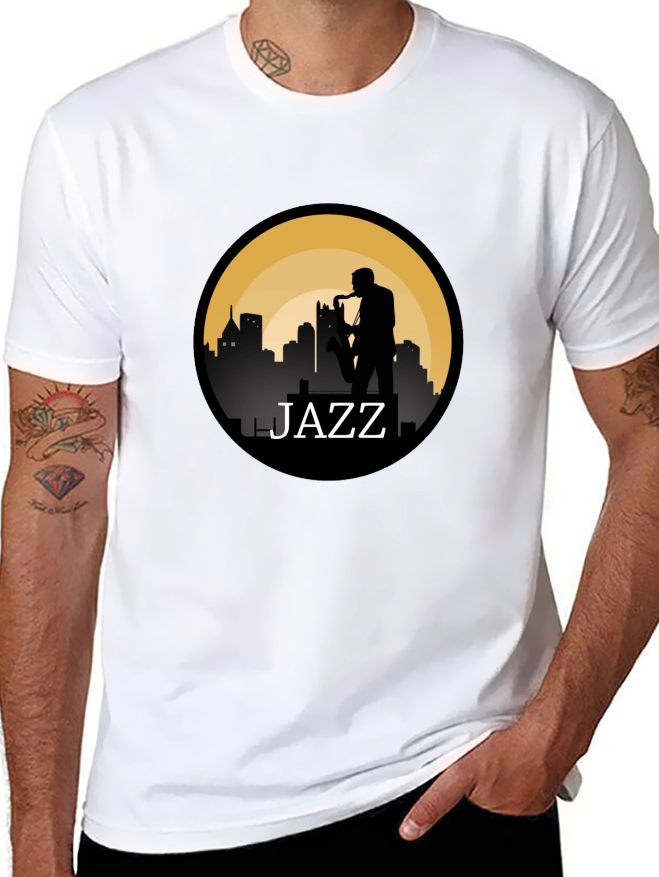 Jazz Silhouette T-Shirt - Cityscape Saxophone Design