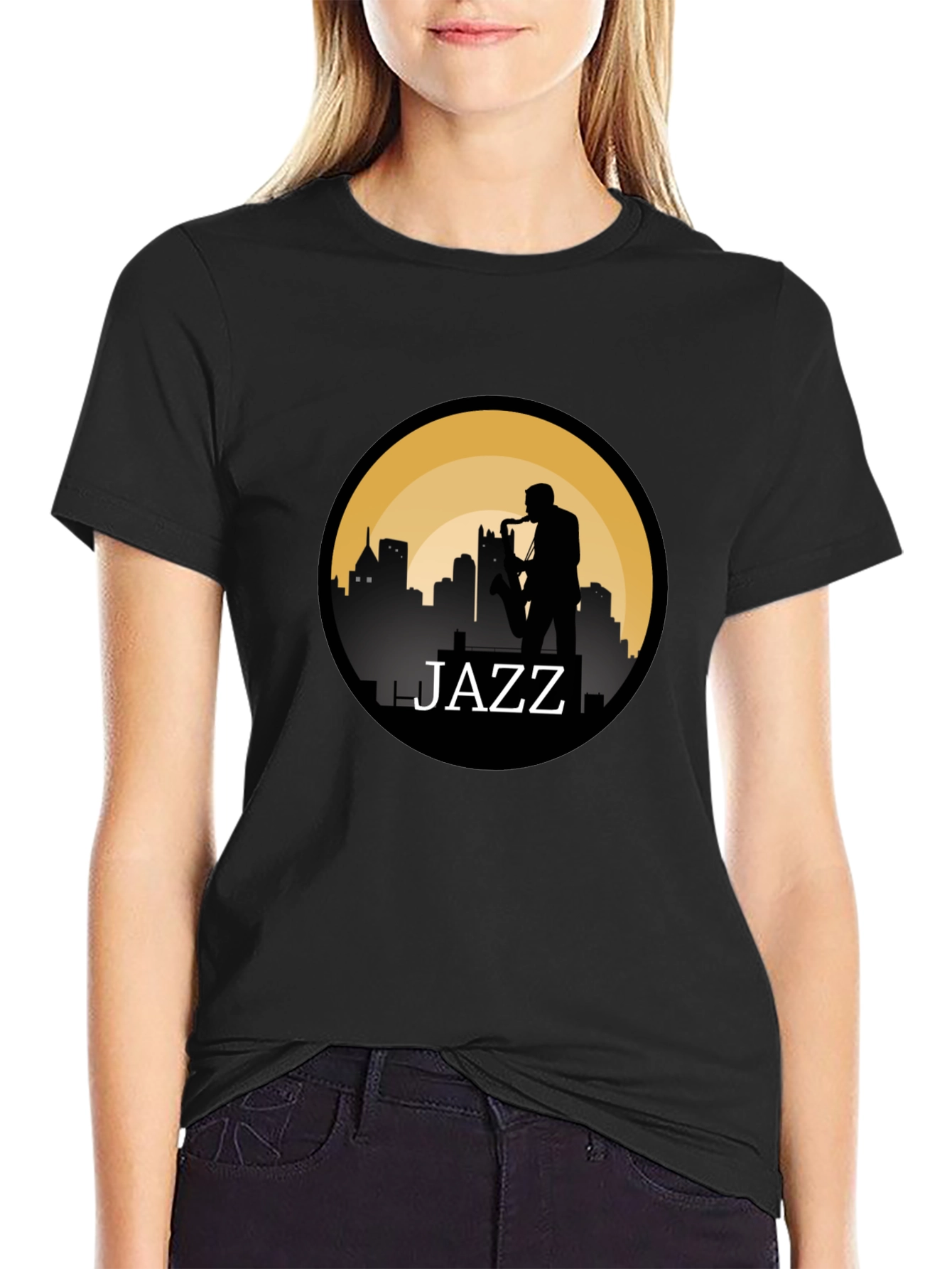 Jazz Silhouette T-Shirt - Cityscape Saxophone Design