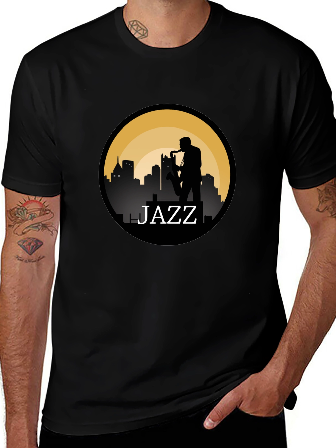 Jazz Silhouette T-Shirt - Cityscape Saxophone Design