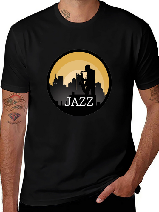 Jazz Silhouette T-Shirt - Cityscape Saxophone Design