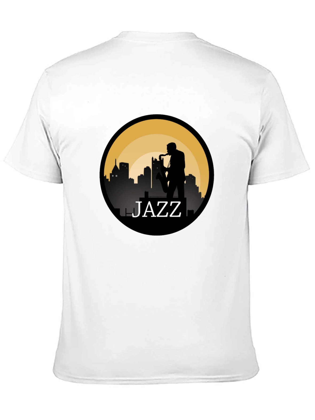 Jazz Silhouette T-Shirt - Cityscape Saxophone Design
