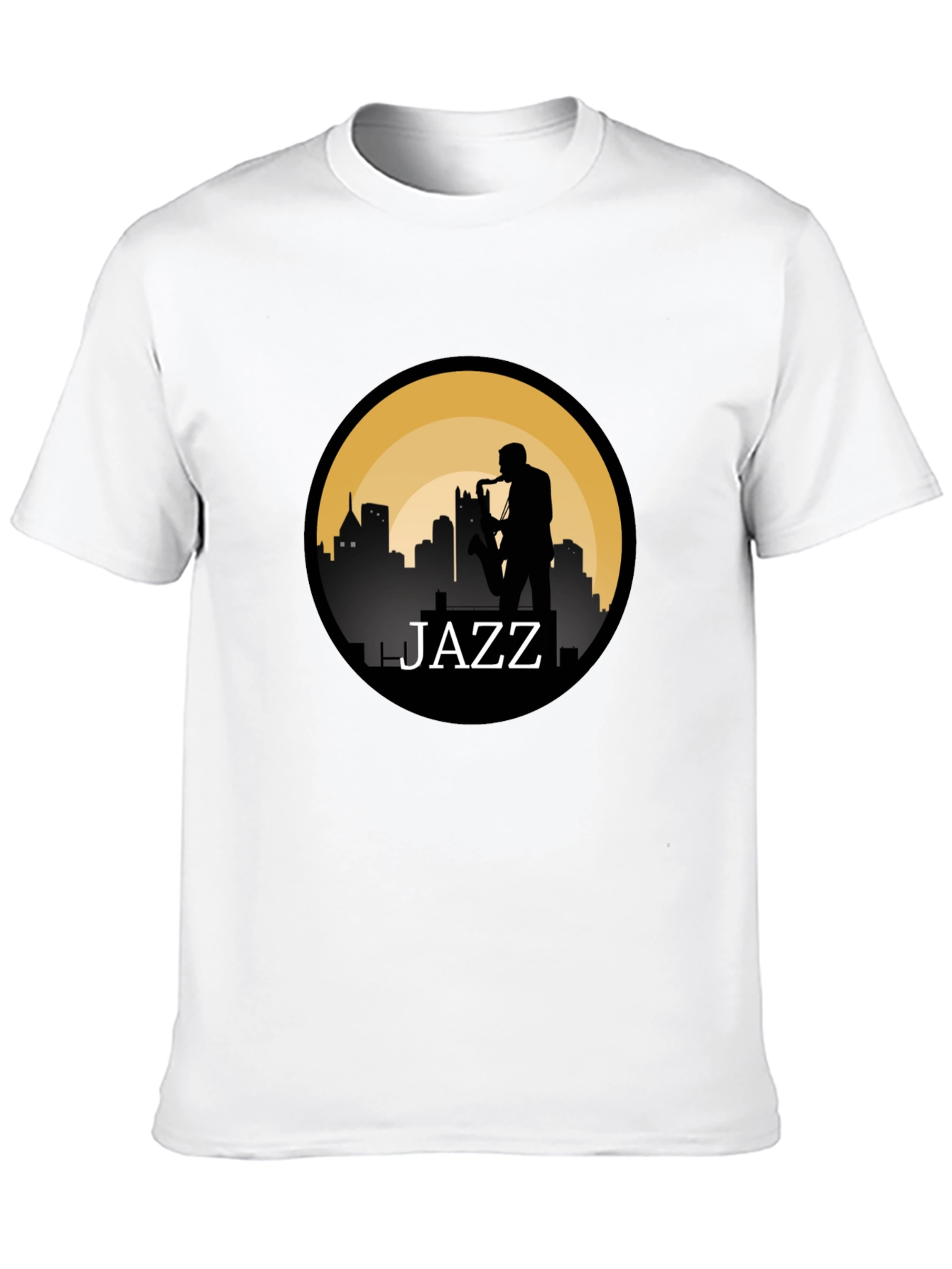 Jazz Silhouette T-Shirt - Cityscape Saxophone Design