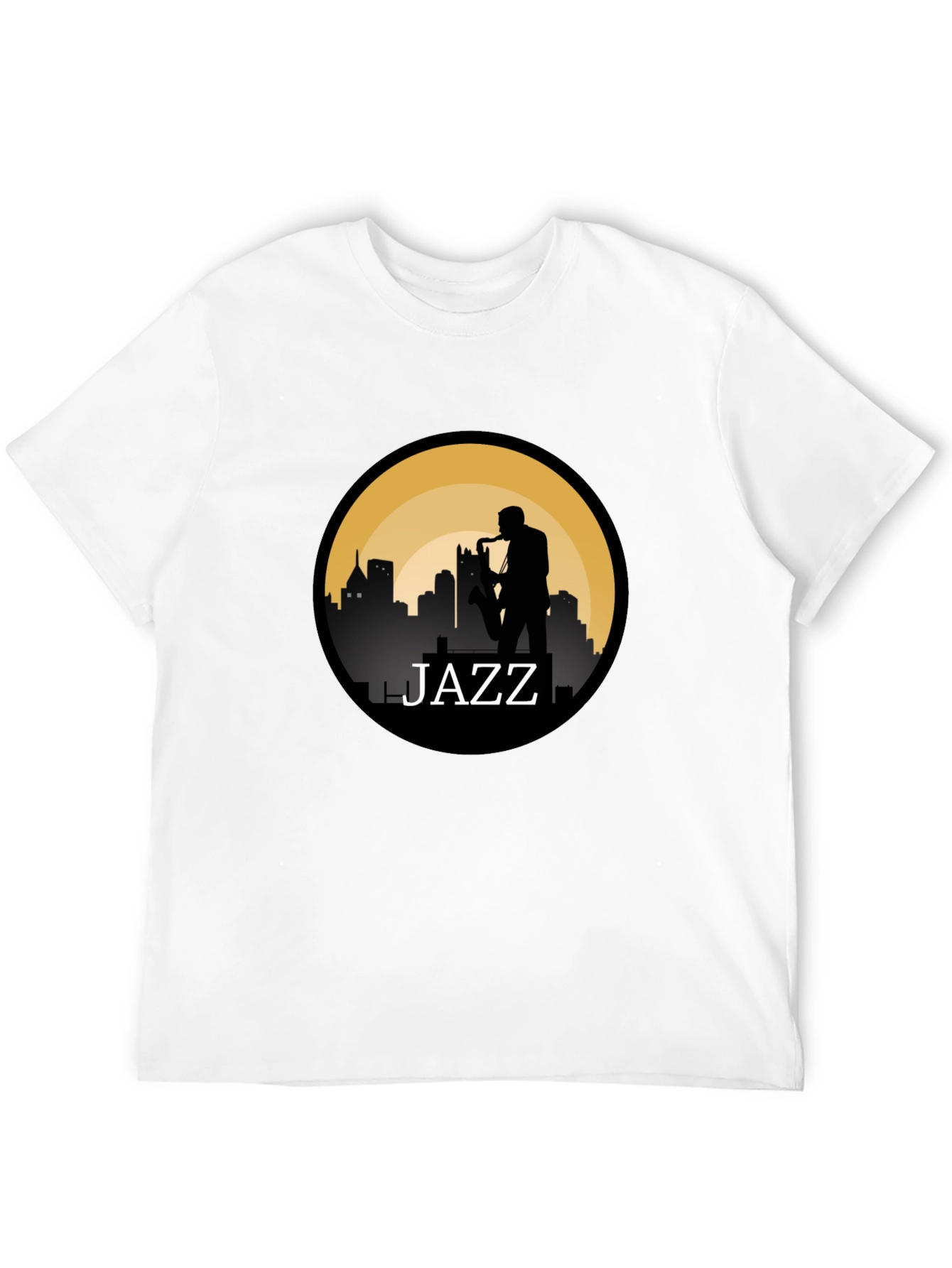 Jazz Silhouette T-Shirt - Cityscape Saxophone Design