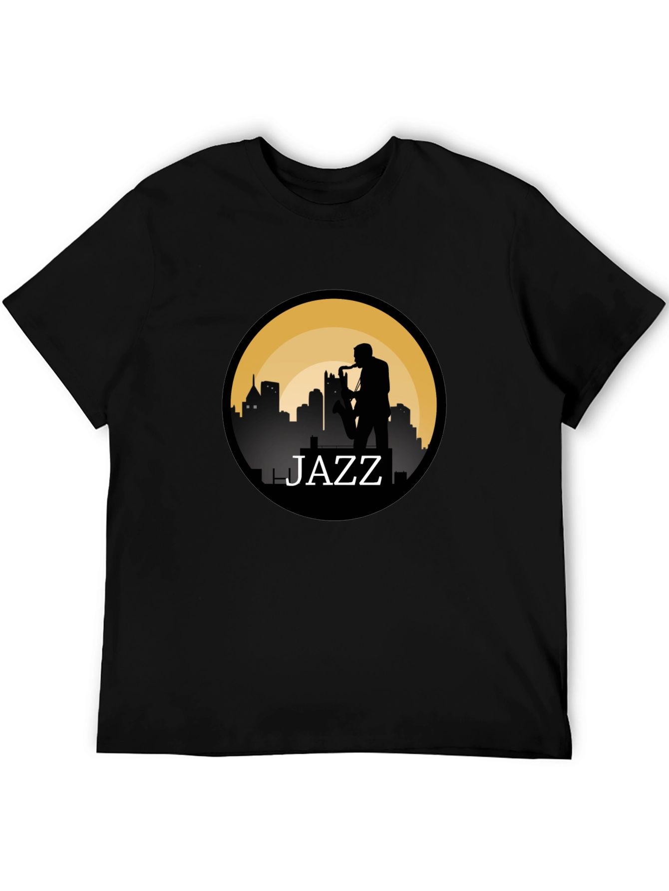 Jazz Silhouette T-Shirt - Cityscape Saxophone Design