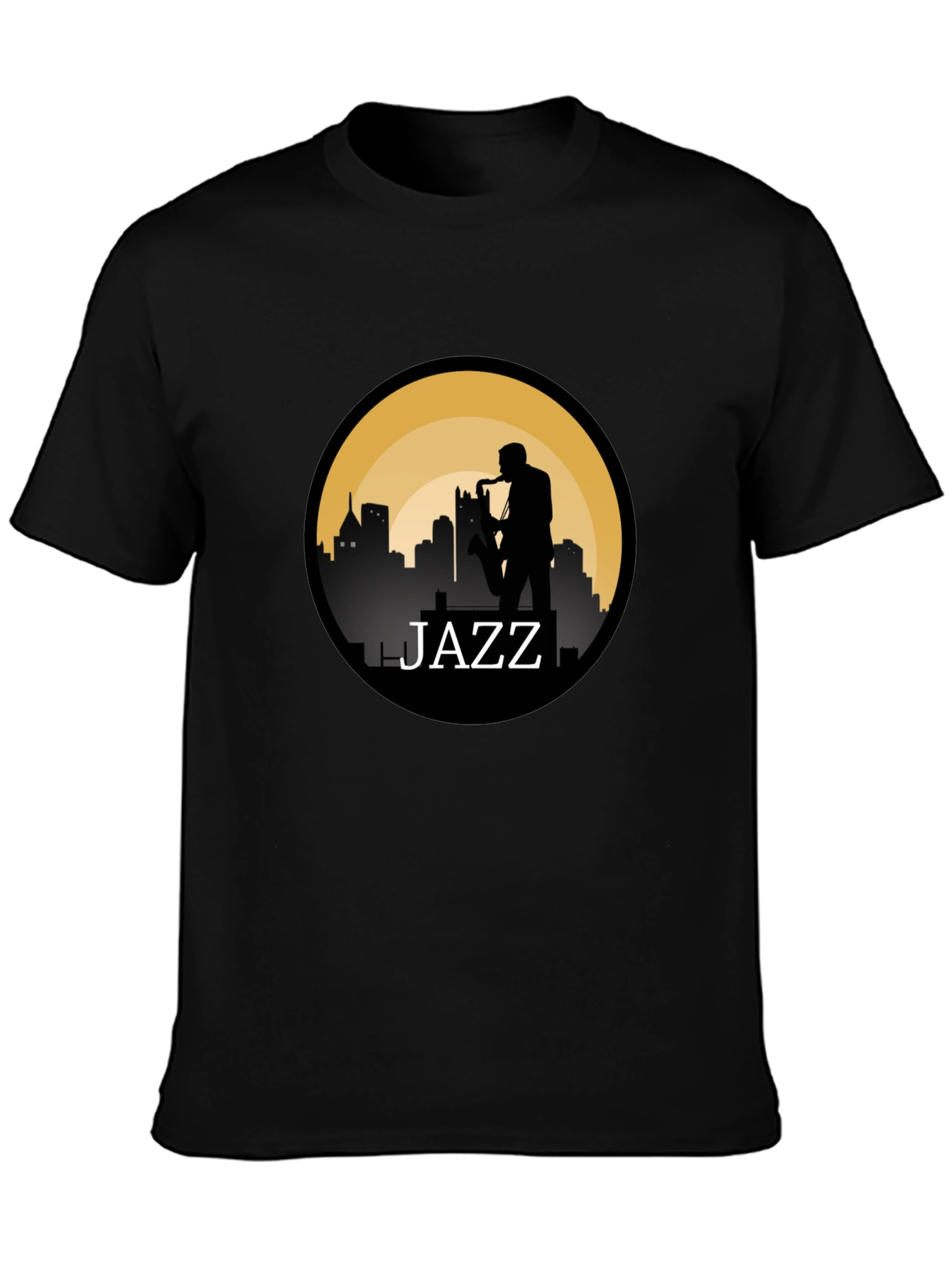 Jazz Silhouette T-Shirt - Cityscape Saxophone Design
