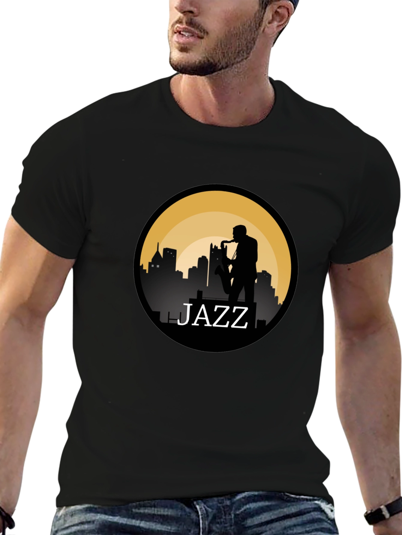 Jazz Silhouette T-Shirt - Cityscape Saxophone Design