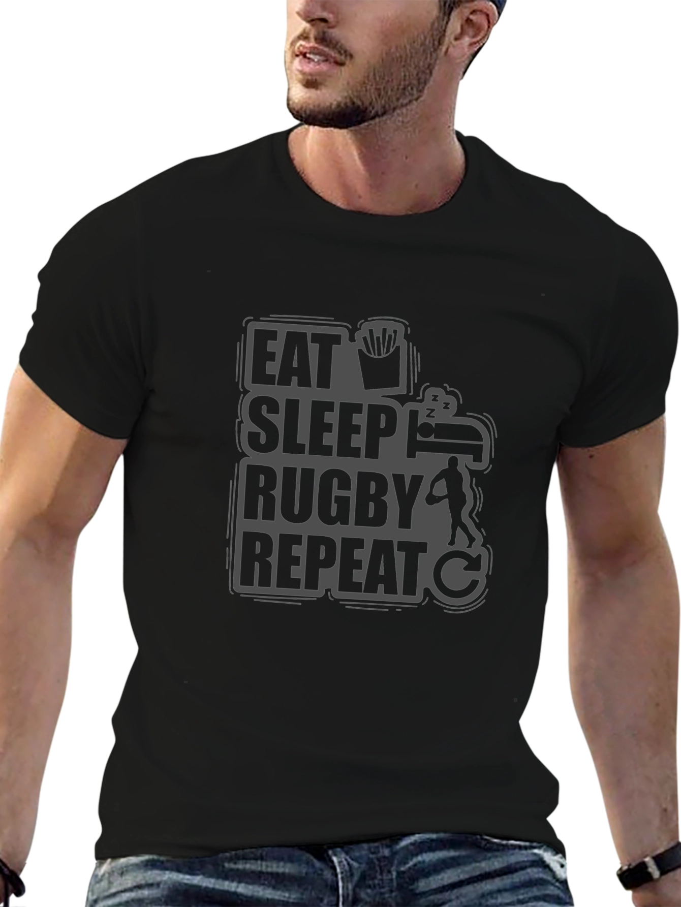 Eat Sleep Rugby Repeat Black Graphic T-Shirt