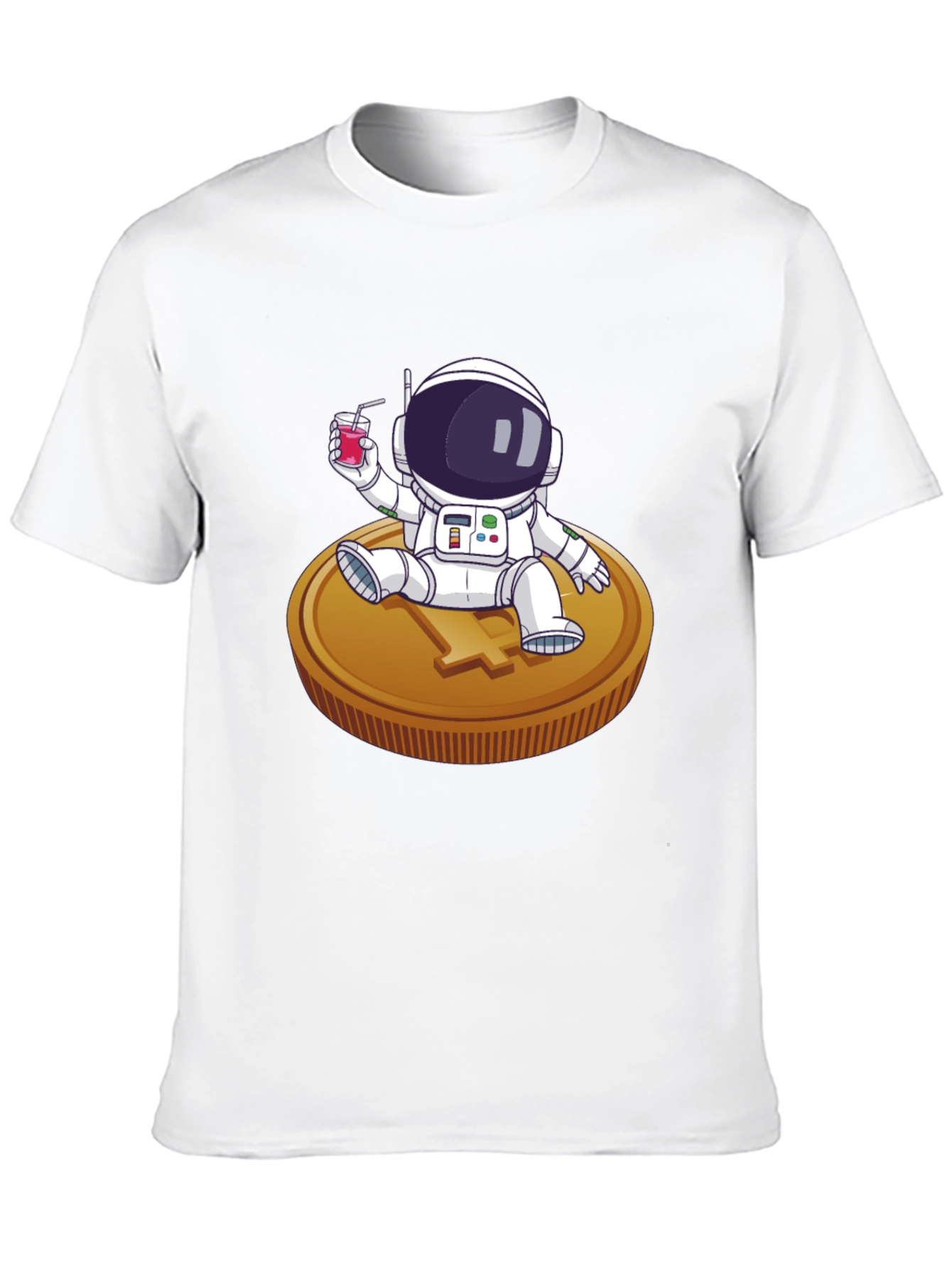 Astronaut Sipping Juice on Coin Tee