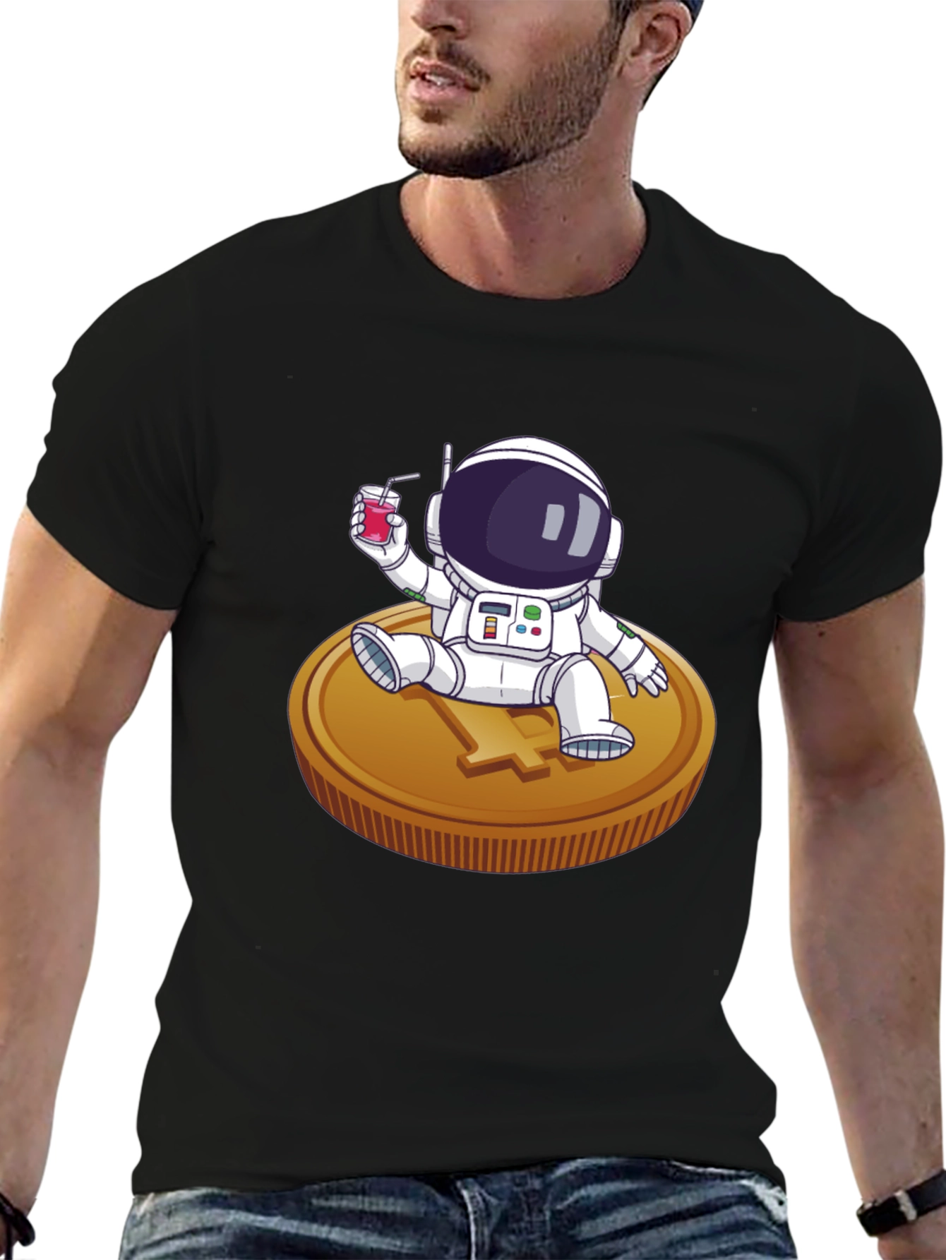Astronaut Sipping Juice on Coin Tee