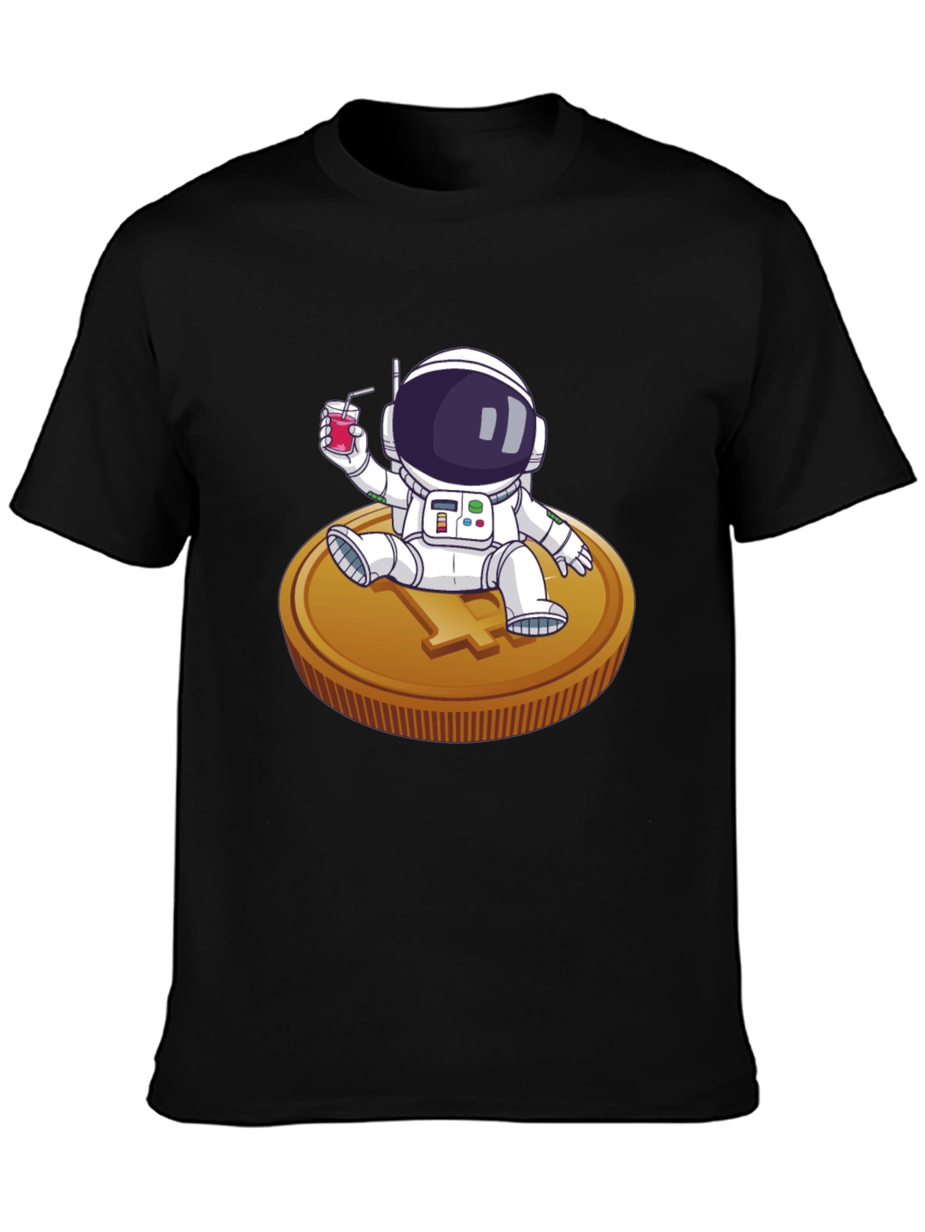 Astronaut Sipping Juice on Coin Tee
