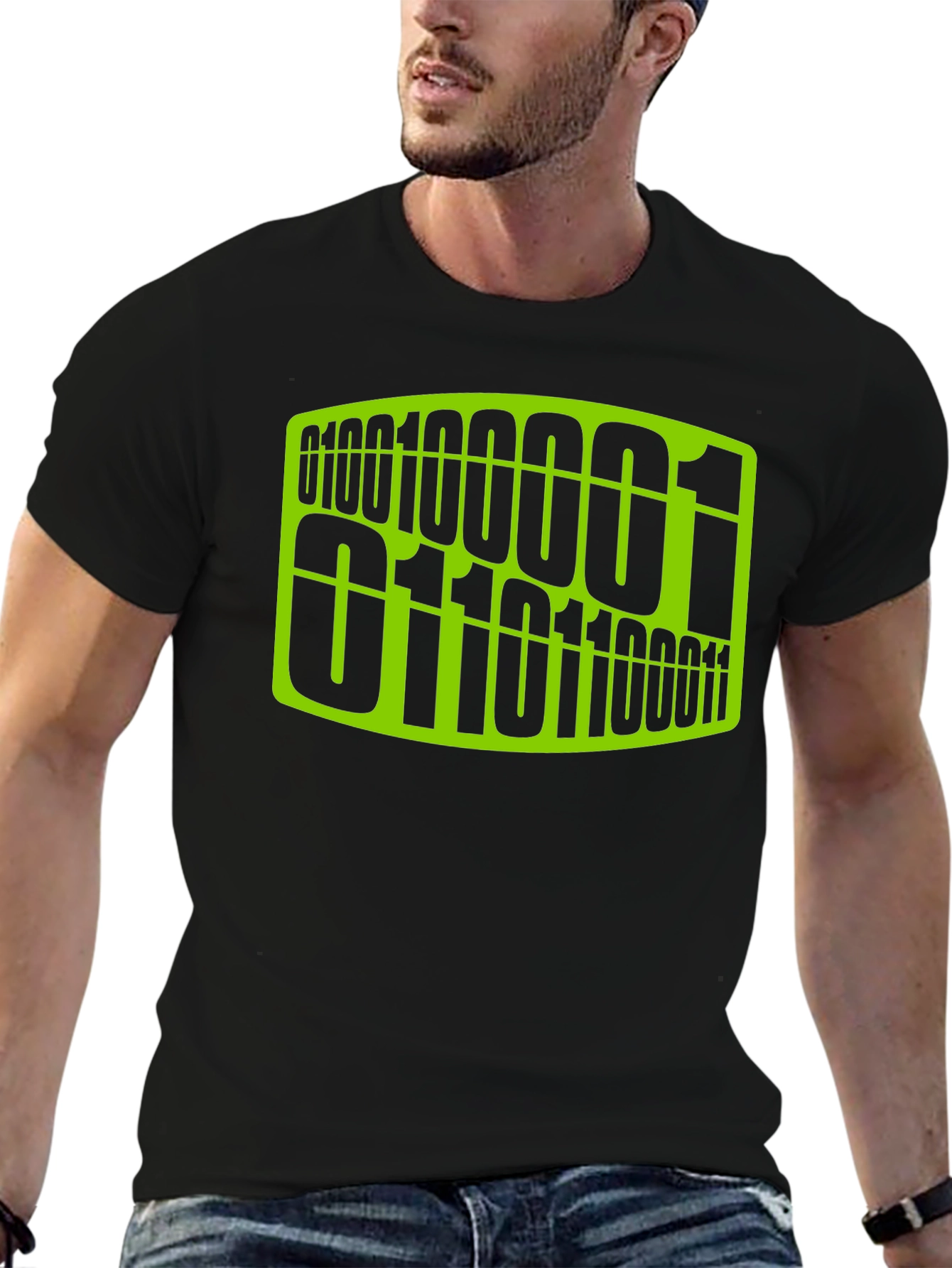 Binary Code Graphic Tee - Black Cotton Casual T-Shirt