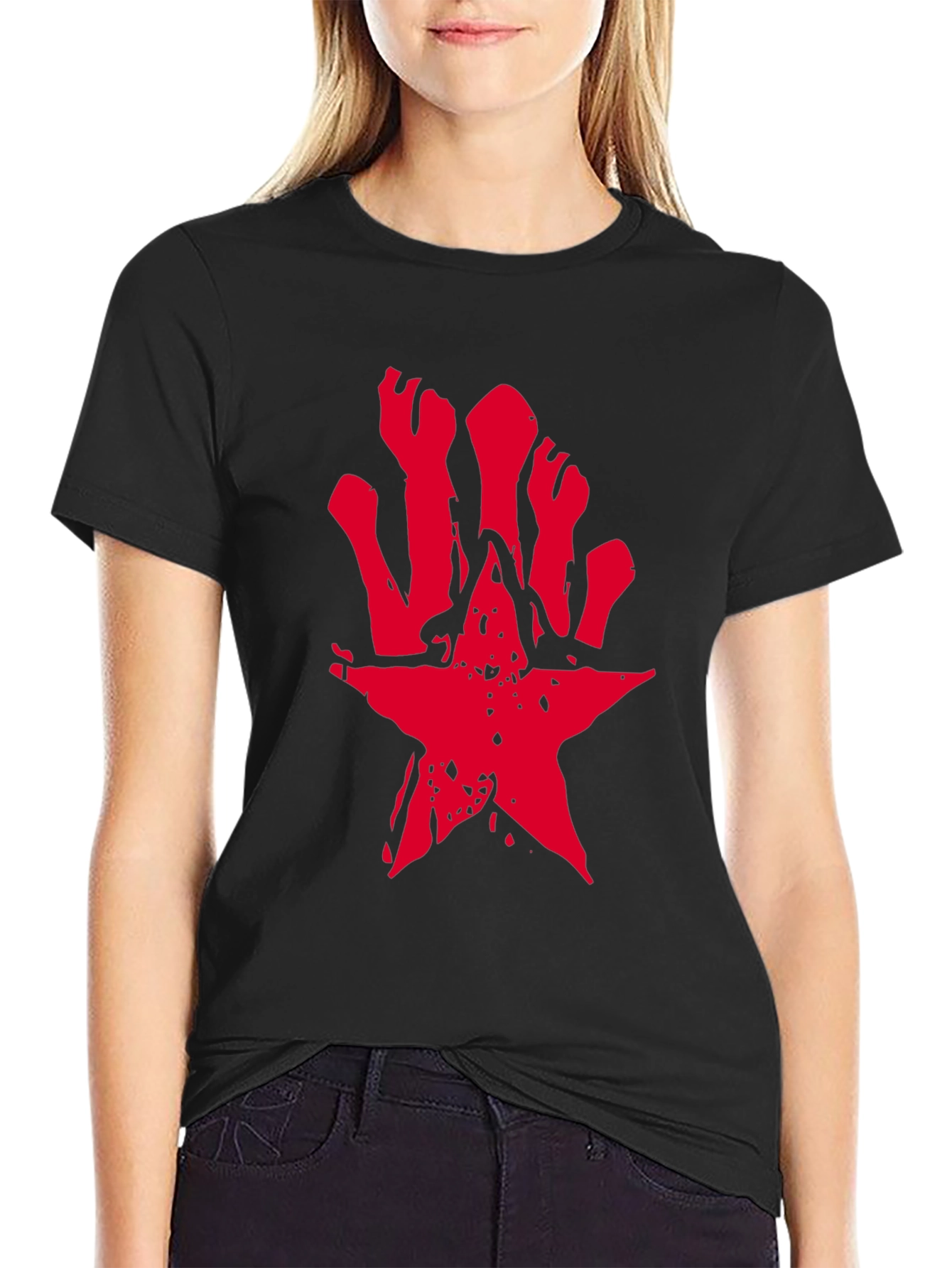 Edgy Red Star Graphic Black T-Shirt