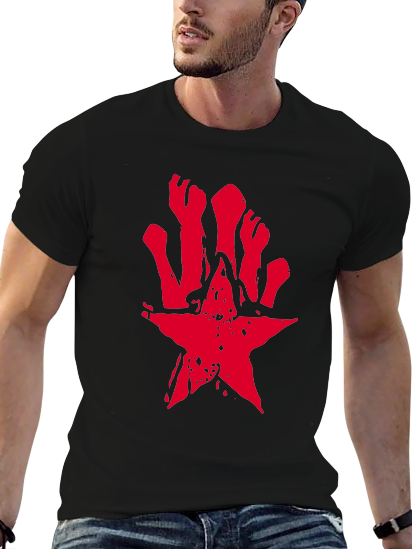 Edgy Red Star Graphic Black T-Shirt
