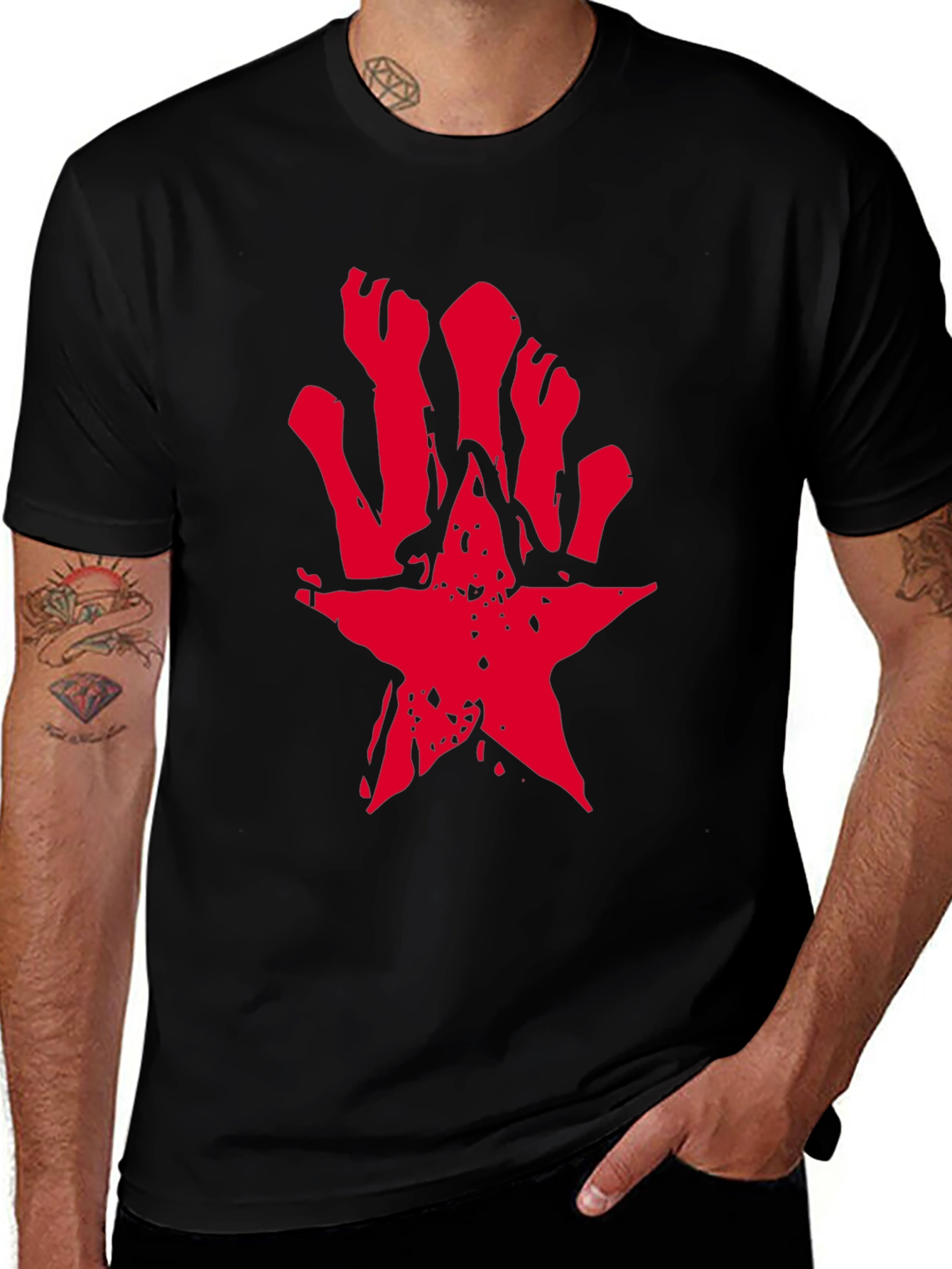 Edgy Red Star Graphic Black T-Shirt