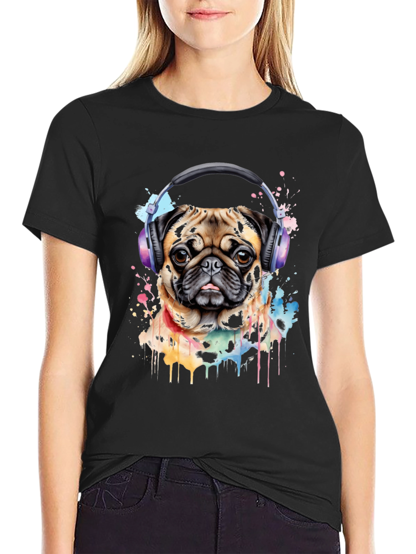 Pug with Headphones Graphic Tee