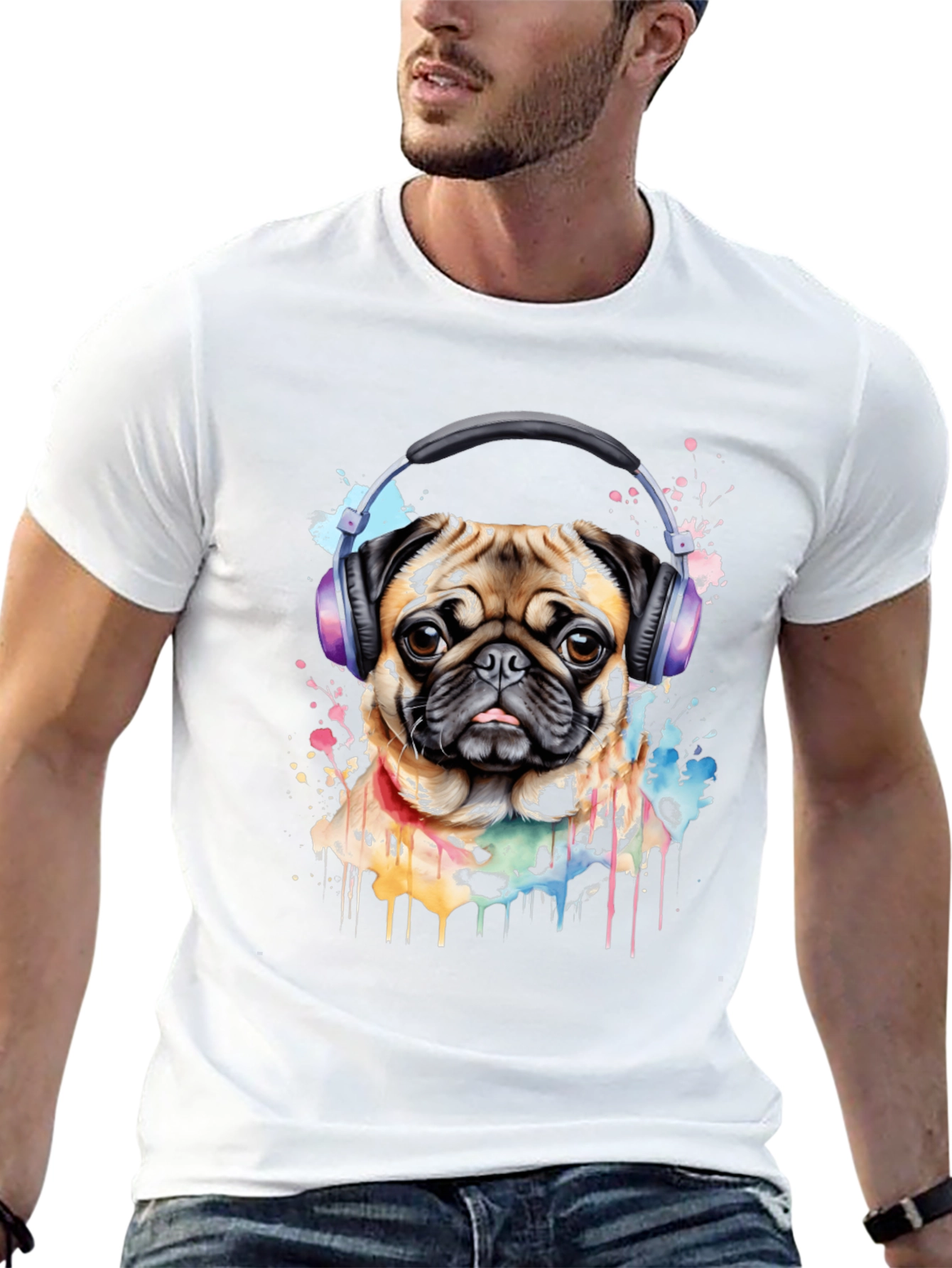 Pug with Headphones Graphic Tee