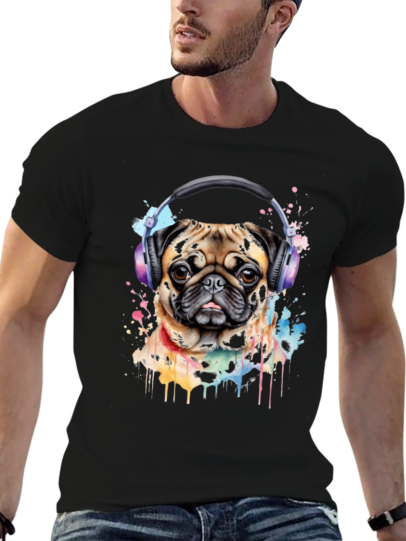 Pug with Headphones Graphic Tee