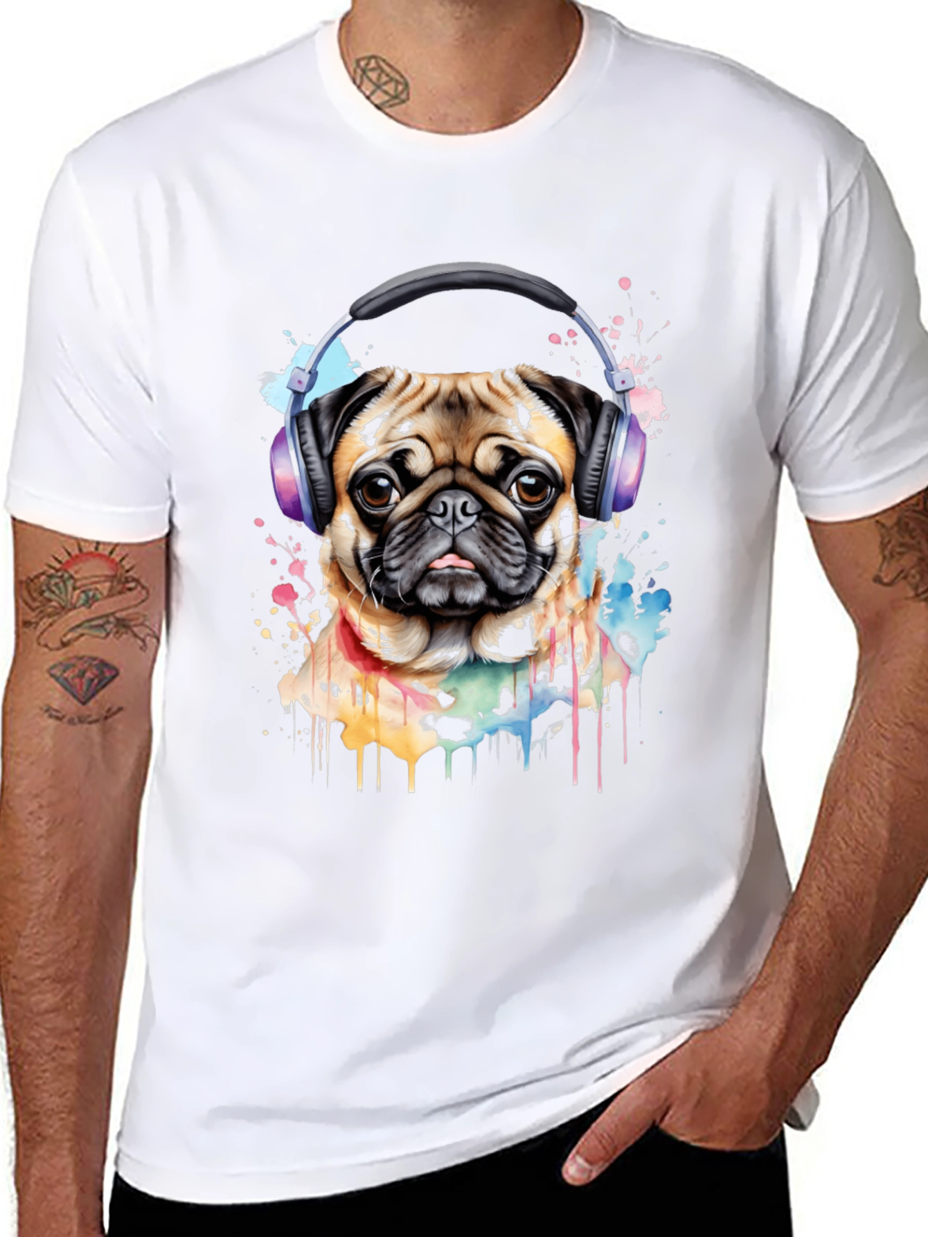Pug with Headphones Graphic Tee