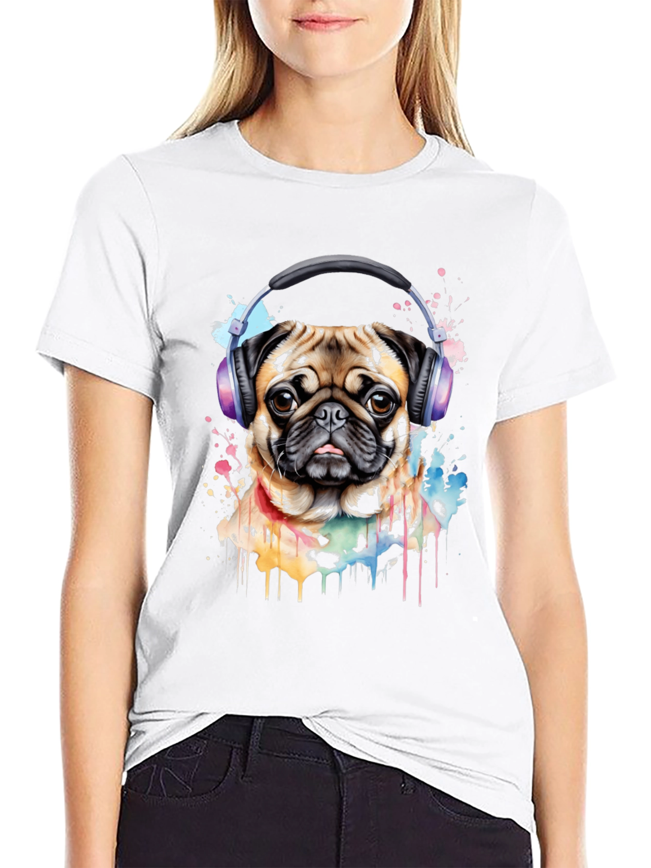 Pug with Headphones Graphic Tee