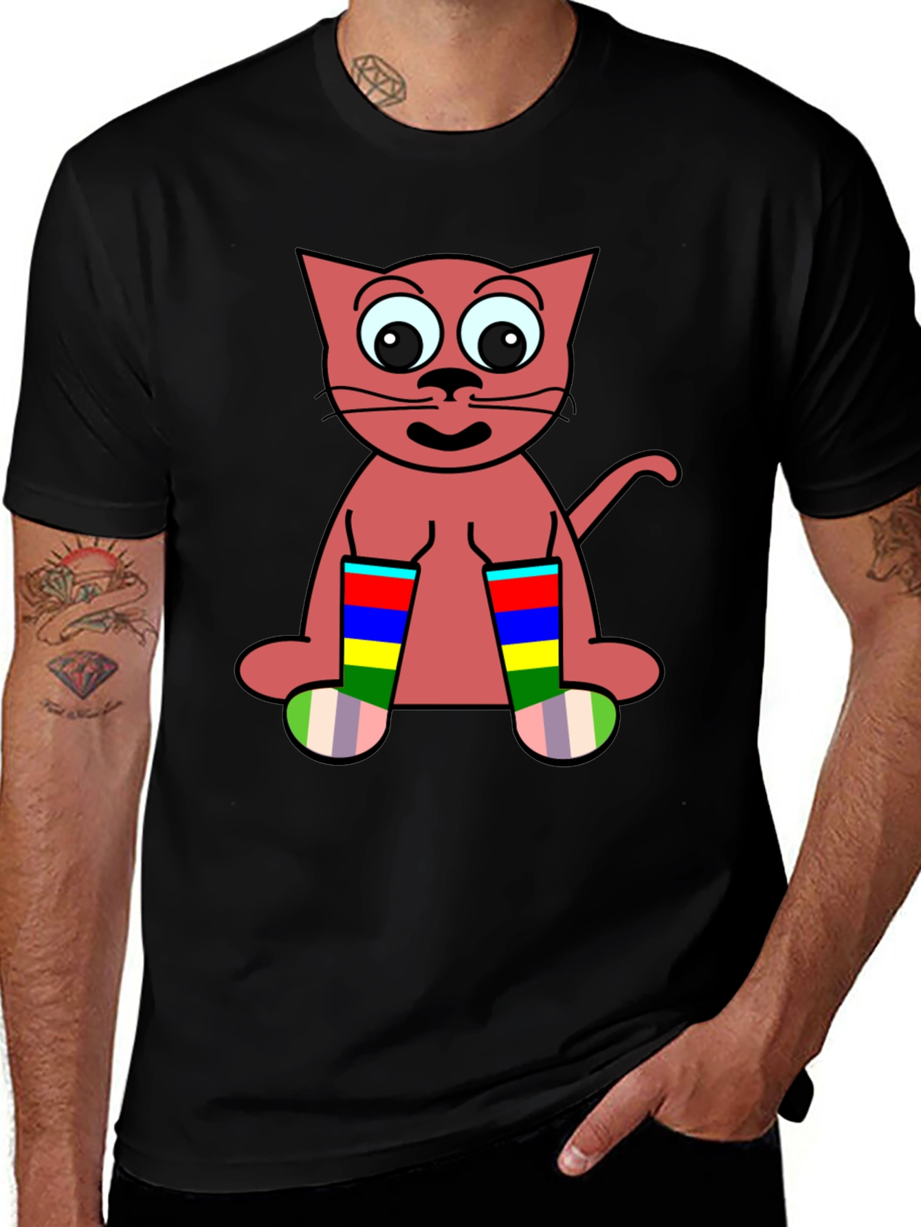 Cartoon Cat Rainbow Socks Black T-Shirt