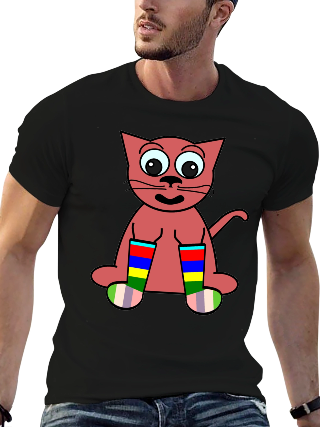 Cartoon Cat Rainbow Socks Black T-Shirt