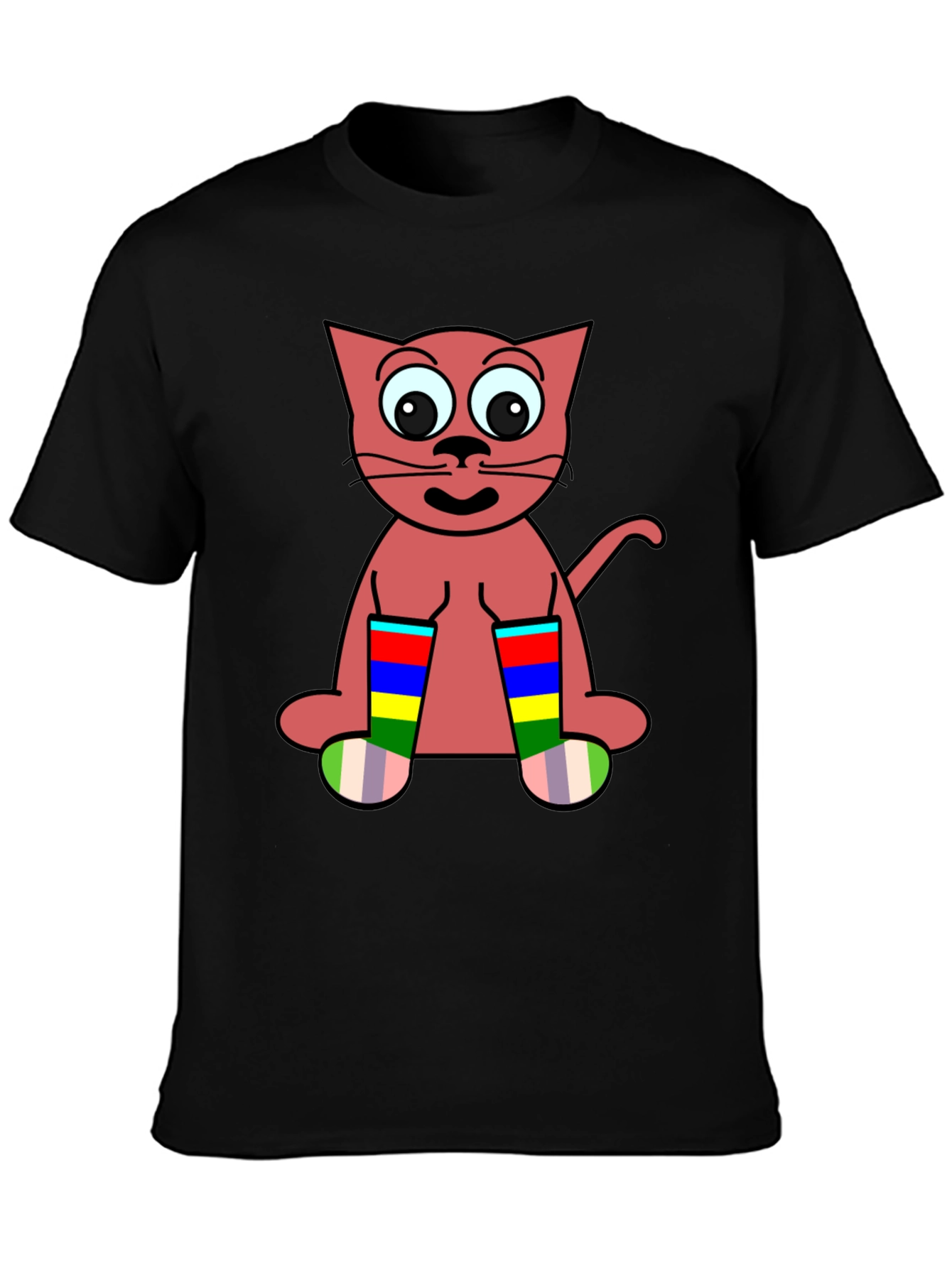 Cartoon Cat Rainbow Socks Black T-Shirt