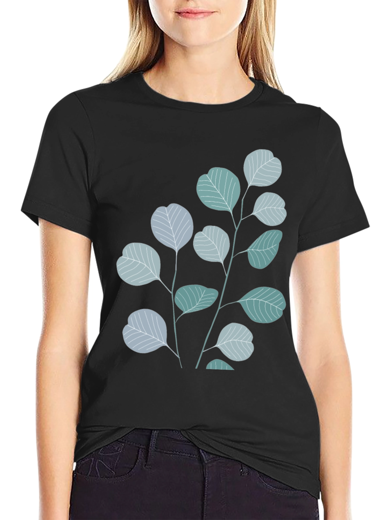 Botanical Leaves Graphic Tee - Black Cotton Blend